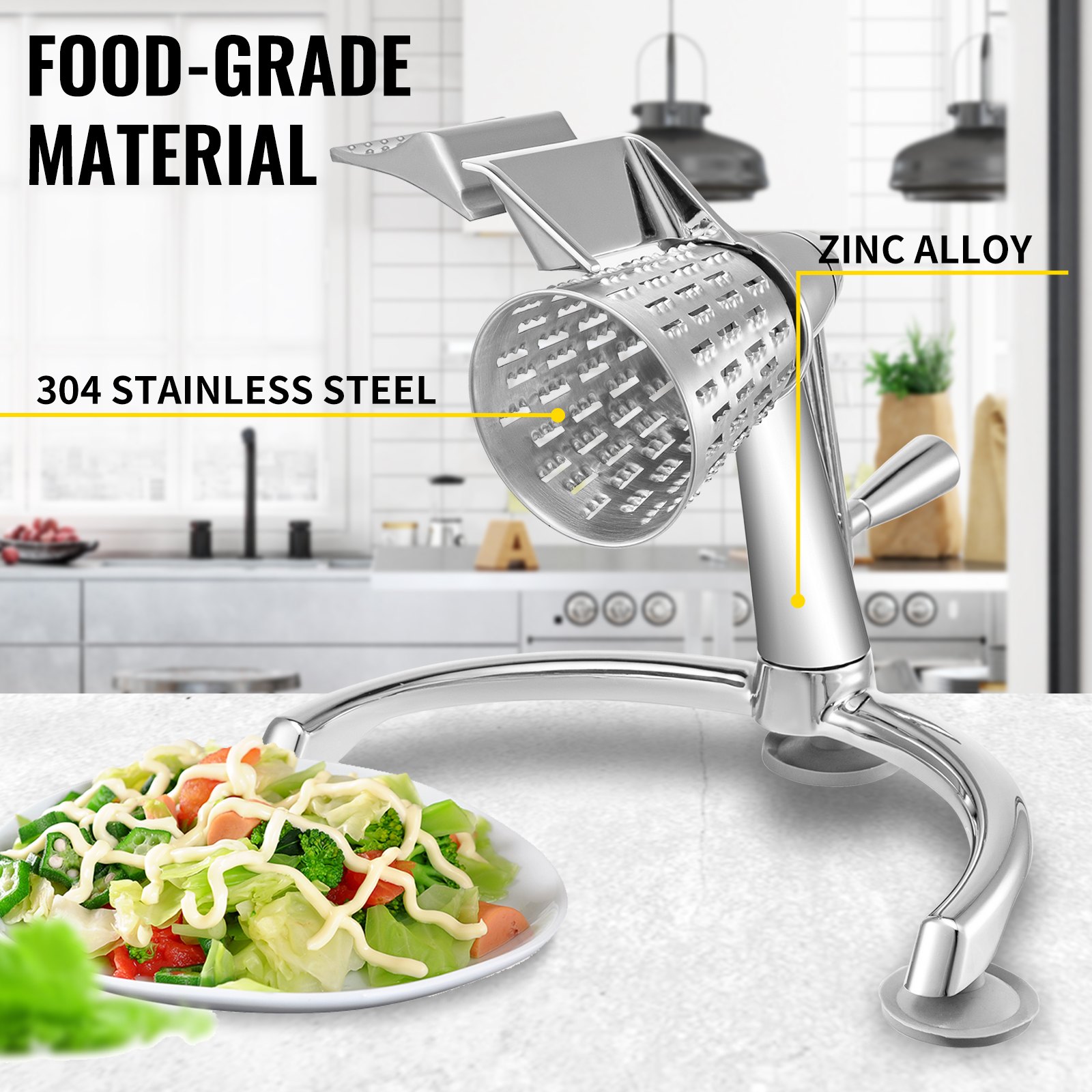 VEVOR Rotary Cheese Grater, Zinc Alloy Rotary Vegetable Mandoline, Manual Cheese Mandoline with 5 Stainless Steel Cutting Cones, Manual Vegetable Grater with 2.5L Bowl, Rotary Shredder with Suction Ba