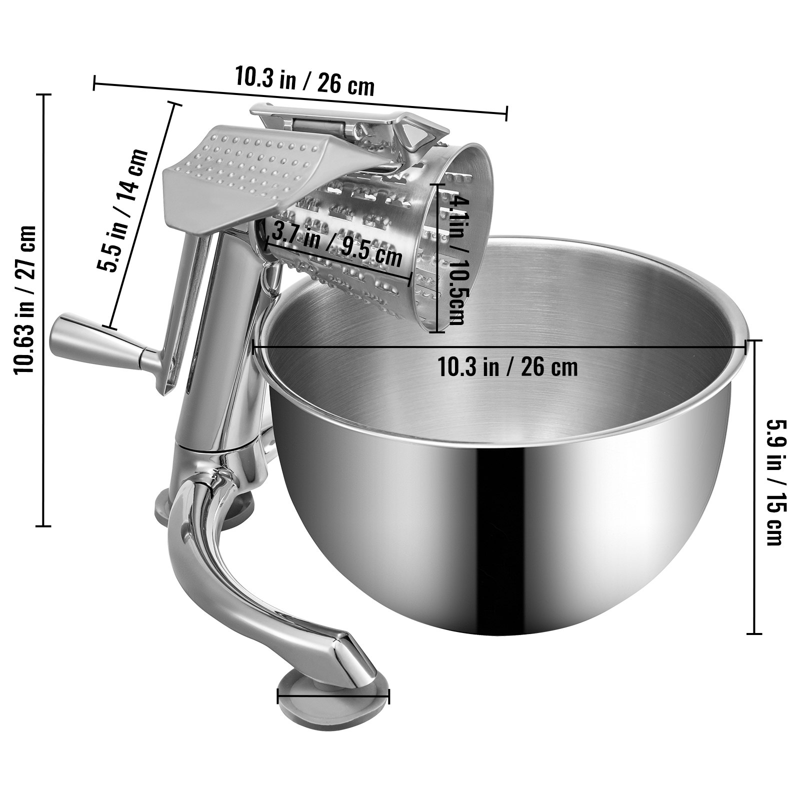 VEVOR Rotary Cheese Grater, Zinc Alloy Rotary Vegetable Mandoline, Manual Cheese Mandoline with 5 Stainless Steel Cutting Cones, Manual Vegetable Grater with 2.5L Bowl, Rotary Shredder with Suction Ba