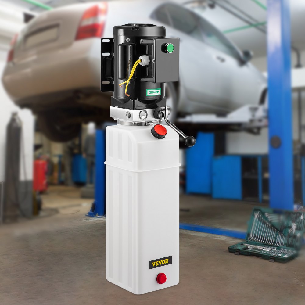 VEVOR hydraulic pump car lift in a garage with a car on a blue car lift.
