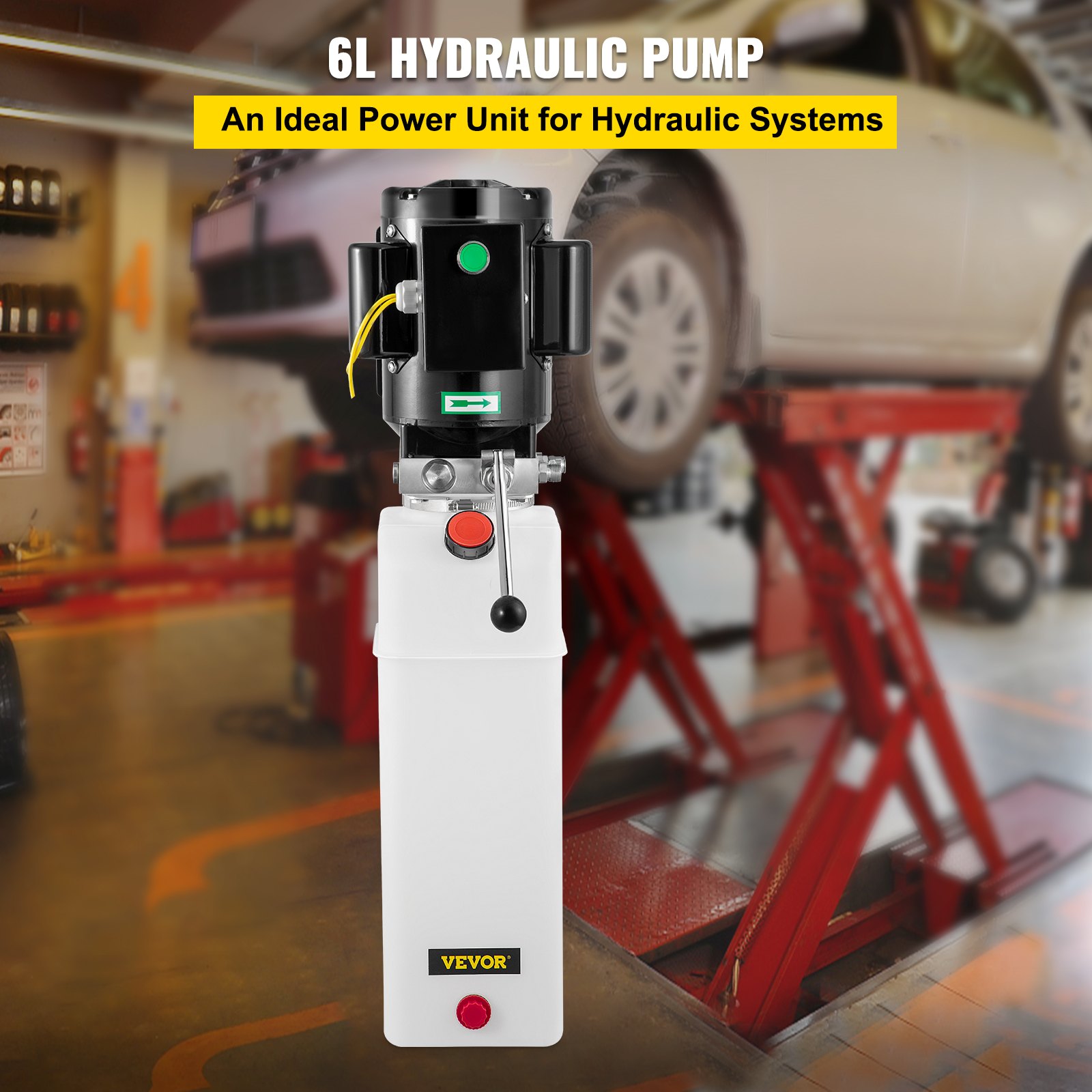 VEVOR hydraulic pump car lift in a garage, lifting a beige car for service.