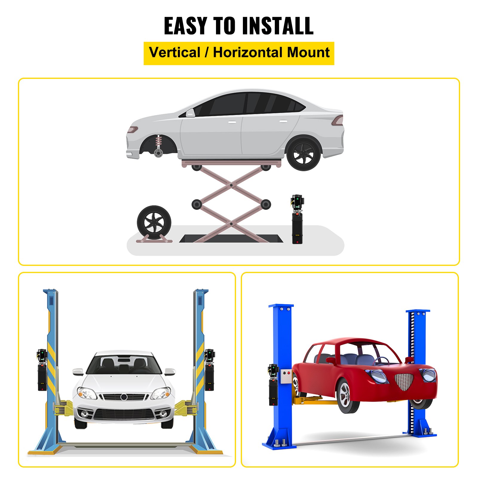 VEVOR hydraulic pump car lift easy installation, vertical or horizontal mount options.