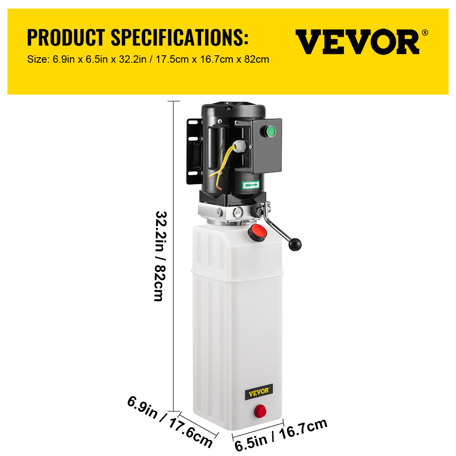 VEVOR hydraulic pump car lift with dimensions: 32.2in h, 6.9in w, 6.5in d.