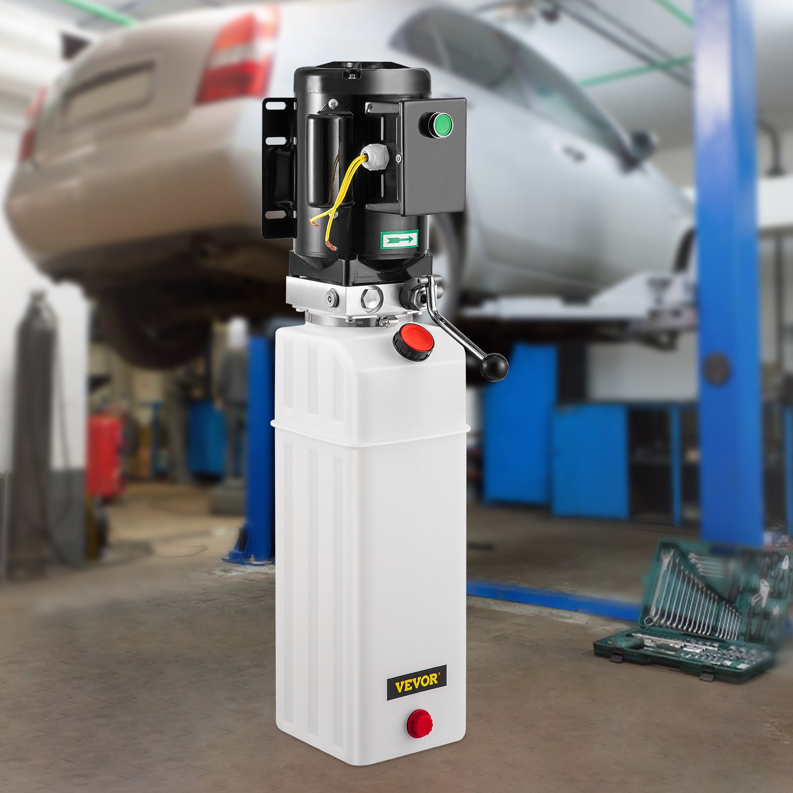 VEVOR hydraulic pump car lift in a garage with a car on a blue car lift.