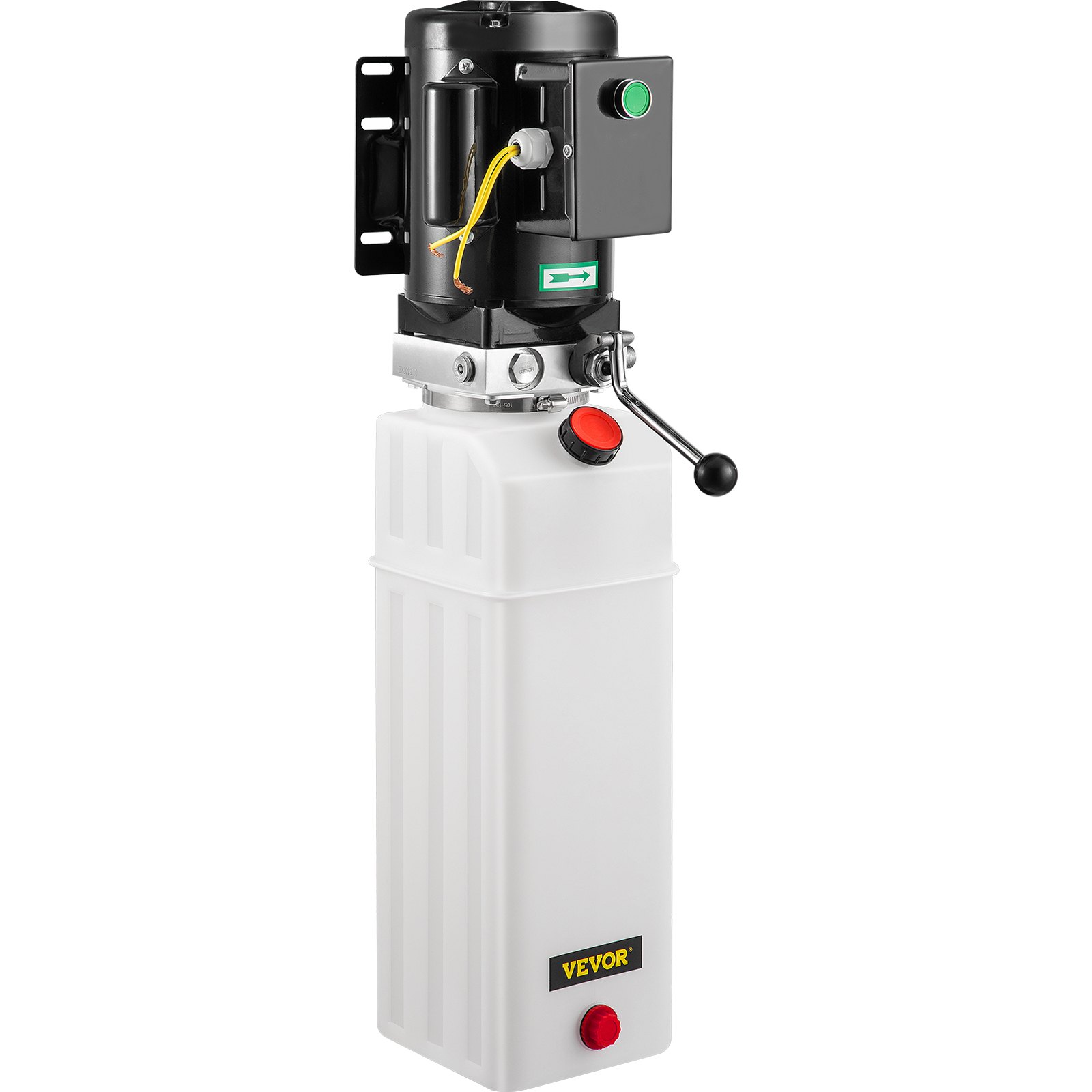 VEVOR hydraulic pump car lift with black motor and white oil reservoir.