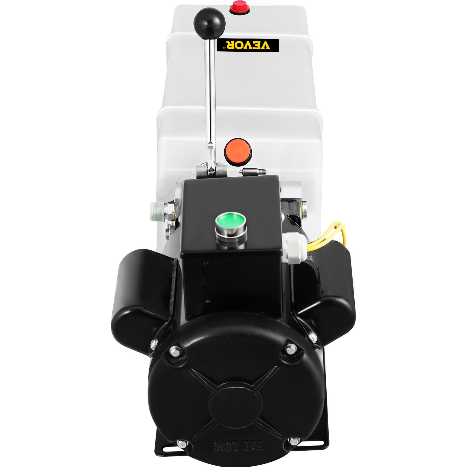 top view of a VEVOR hydraulic pump car lift with a black motor, lever, and green button.