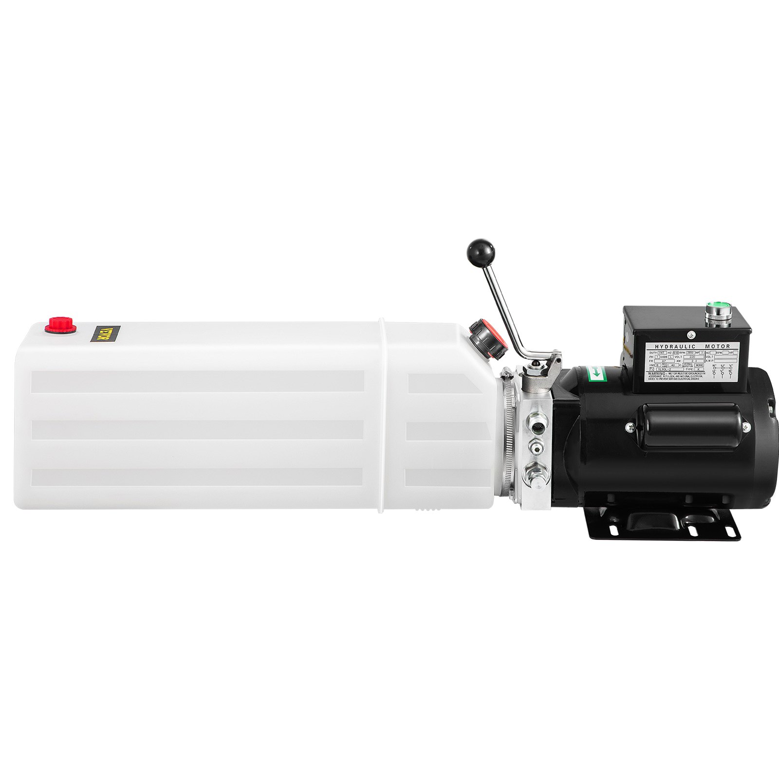 VEVOR hydraulic pump car lift with white reservoir and black motor.