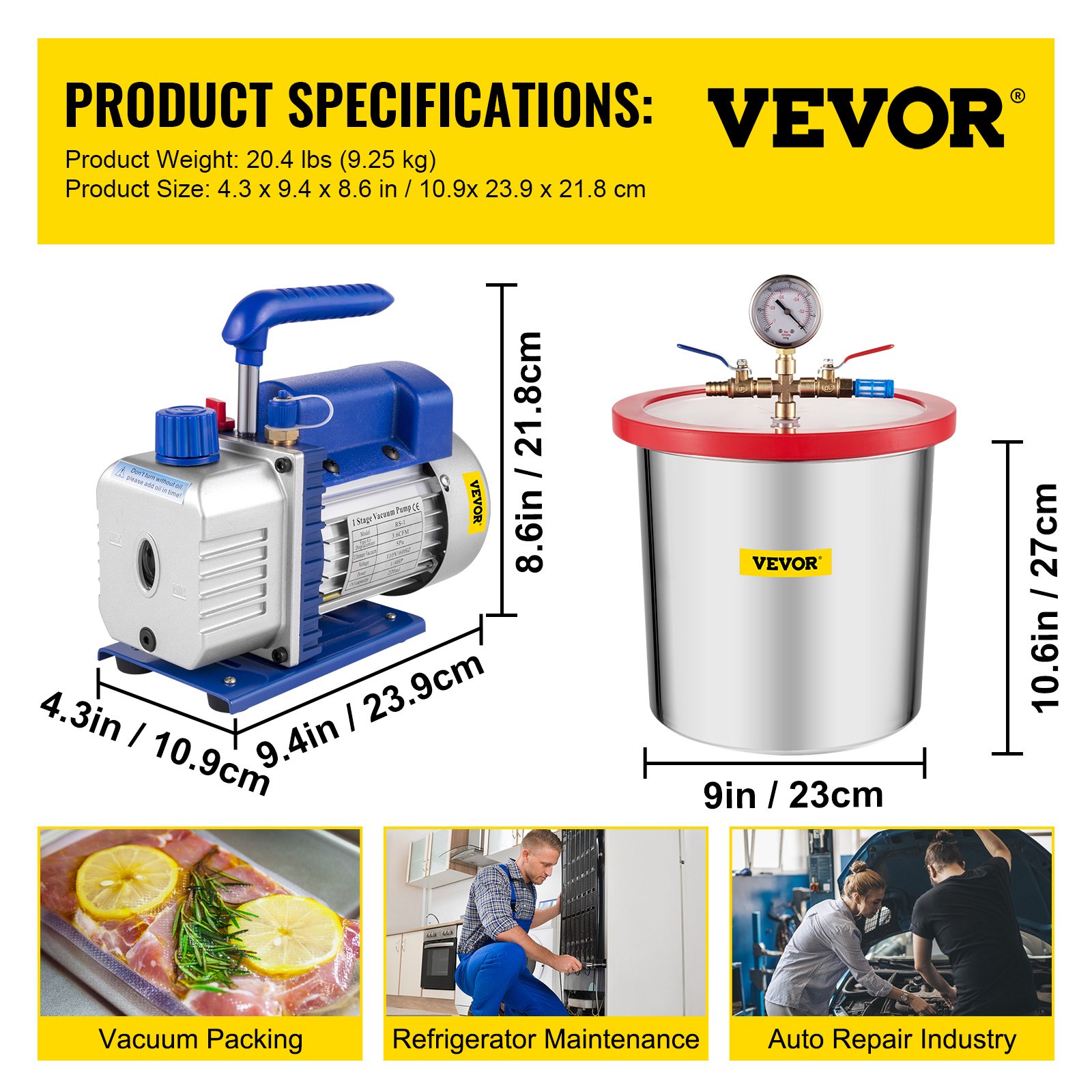 VEVOR 3 Gallon Vacuum Chamber Kit Stainless Steel Degassing Chamber 12L Vacuum Degassing Chamber Kit with 3.6 CFM 1 Stage Vacuum Pump HVAC
