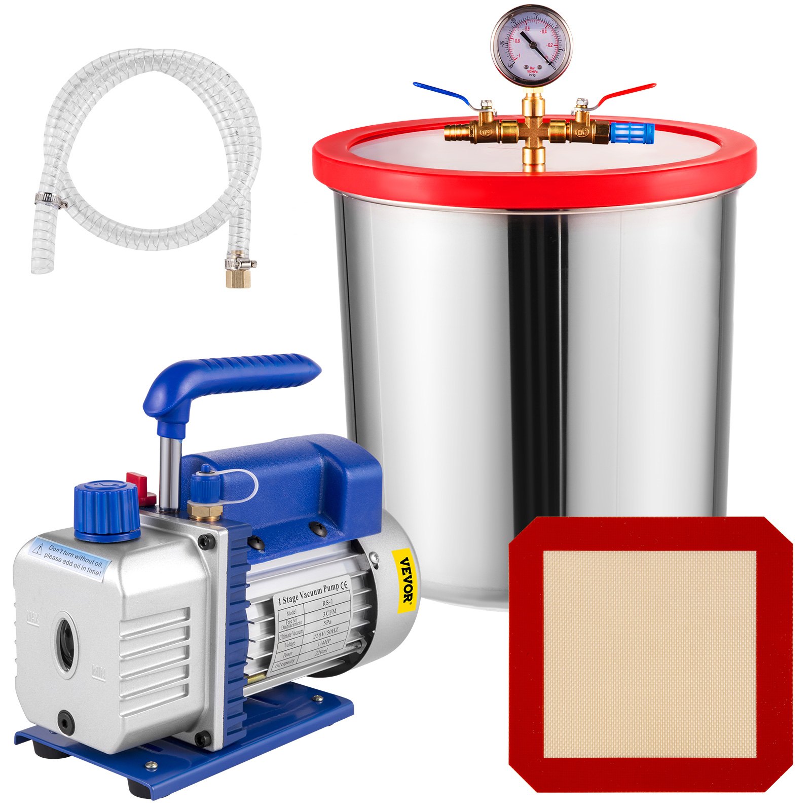 Vevor 19 L Vacuum Chamber Kit with 28 L/min(3 CFM) 186W(1/4HP) Single Stage Vacuum Pump - HVAC A/C Refrigeration Kit