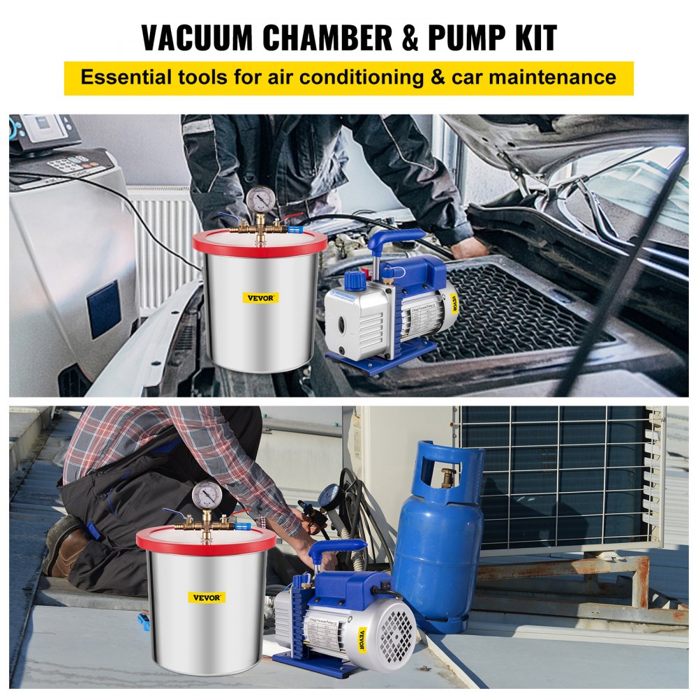 VEVOR 3 CFM Vacuum Pump 1/4 HP, Vacuum Chamber, with 3 Gallon Single Stage Stainless Steel Vacuum Degassing Chamber Kit, Air Vacuum Pump HVAC Refrigeration Tool