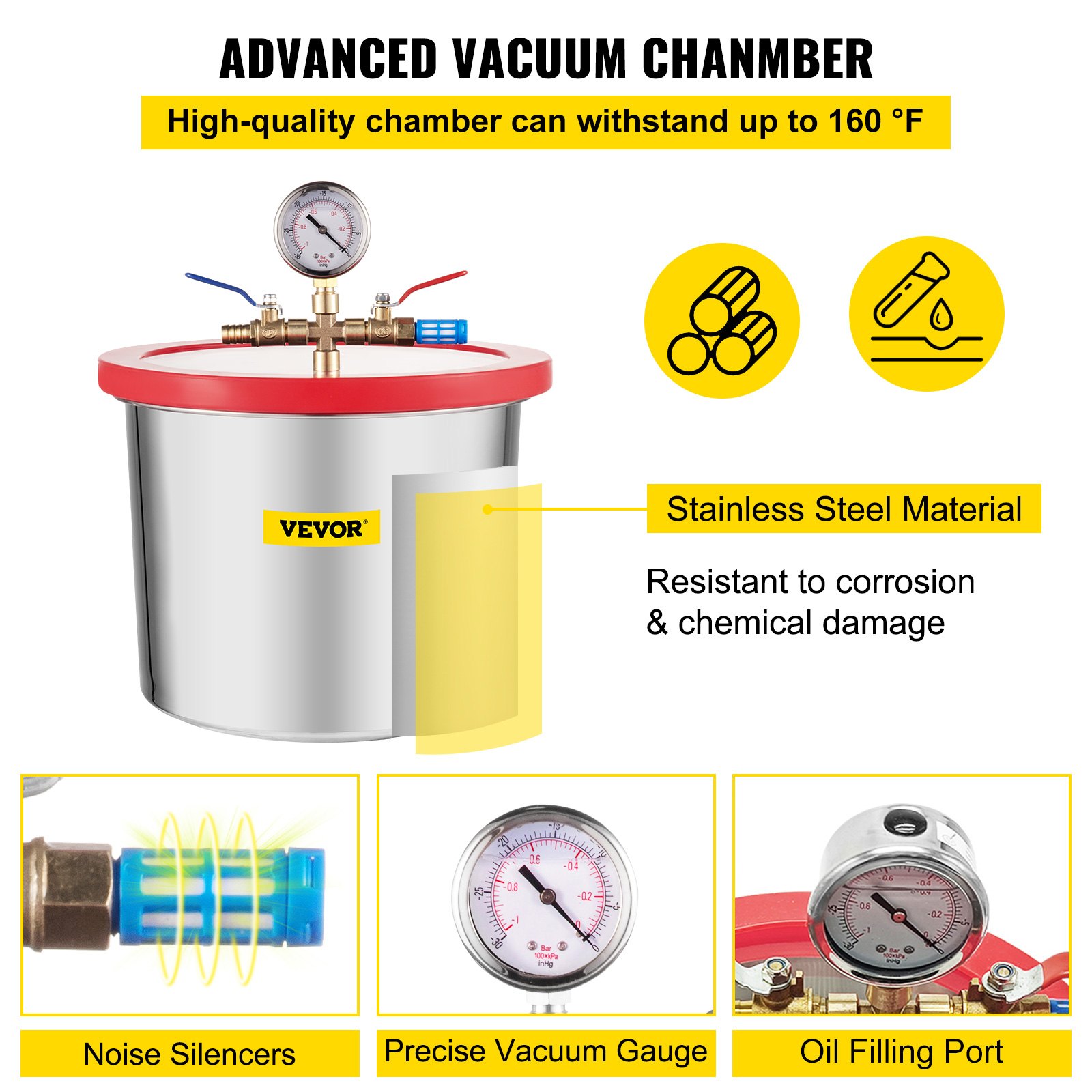 VEVOR 2 Gallon/7.6 L Vacuum Chamber Silicone Epoxy Degassing 4CFM 113L/min 1/3HP Vacuum Pump