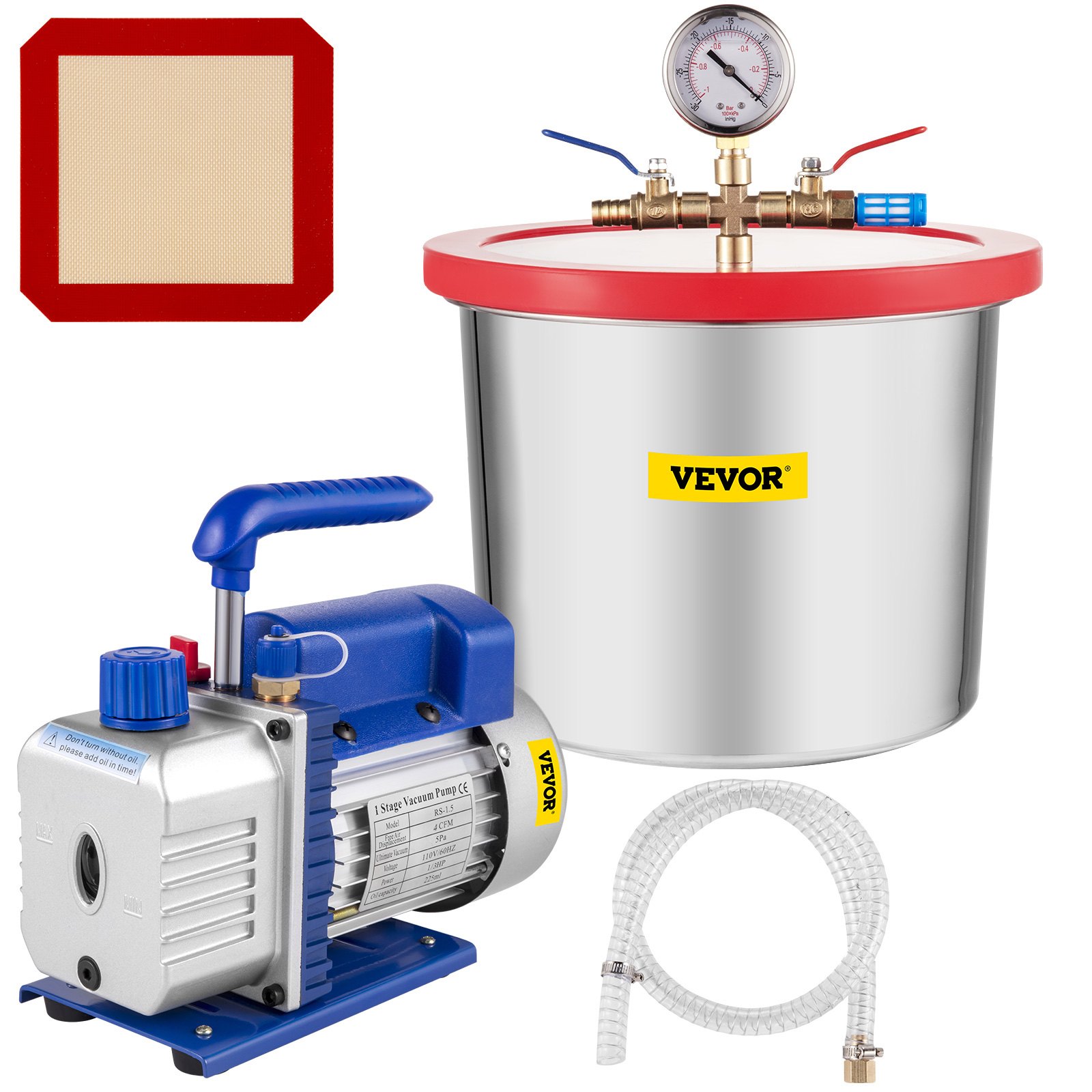 VEVOR 2 Gallon/7.6 L Vacuum Chamber Silicone Epoxy Degassing 4CFM 113L/min 1/3HP Vacuum Pump