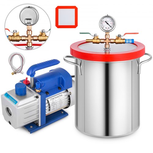 VEVOR 3 Gallon Vacuum Chamber Kit Stainless Steel Degassing Chamber 12L Vacuum Degassing Chmaber Kit with 4CFM Two Stage Vacuum Pump Kit (4CFM Vacuum Pump 2 Stage + 3 Gallon Vacuum Chamber)