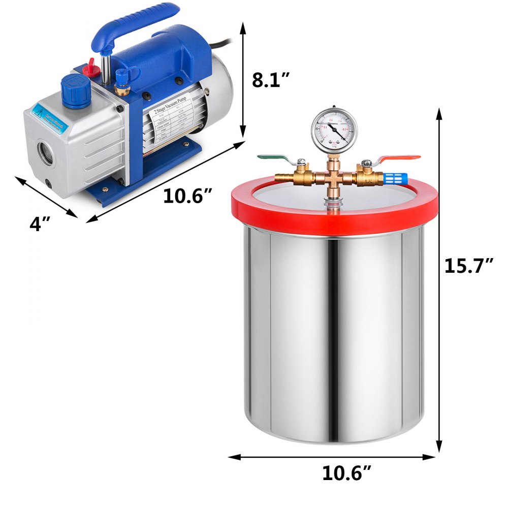 VEVOR 3 Gallon Vacuum Chamber Kit Stainless Steel Degassing Chamber 12L Vacuum Degassing Chmaber Kit with 4CFM Two Stage Vacuum Pump Kit (4CFM Vacuum Pump 2 Stage + 3 Gallon Vacuum Chamber)
