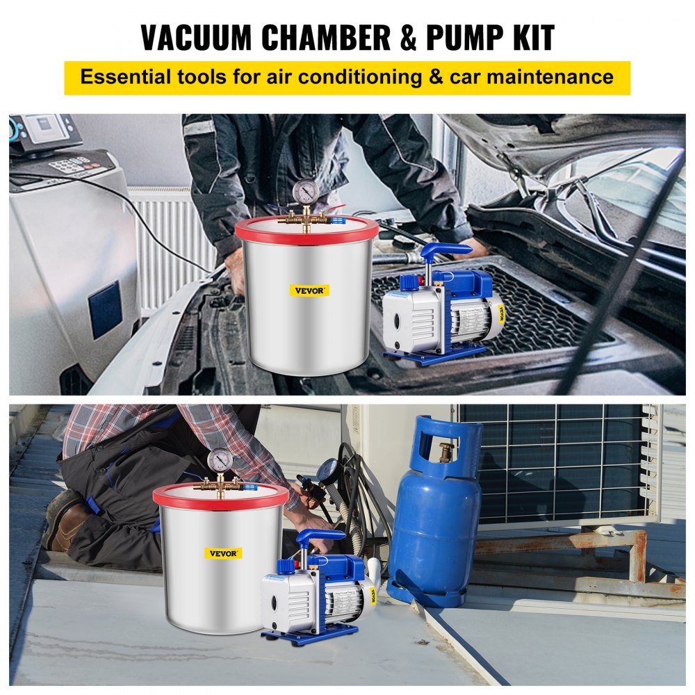 VEVOR Kit de cámara de desgasificación al vacío Cámara de desgasificación de 5 galones Kit de cámara de vacío de acero inoxidable con bomba de vacío de una sola etapa de 5 CFM 1/3HP