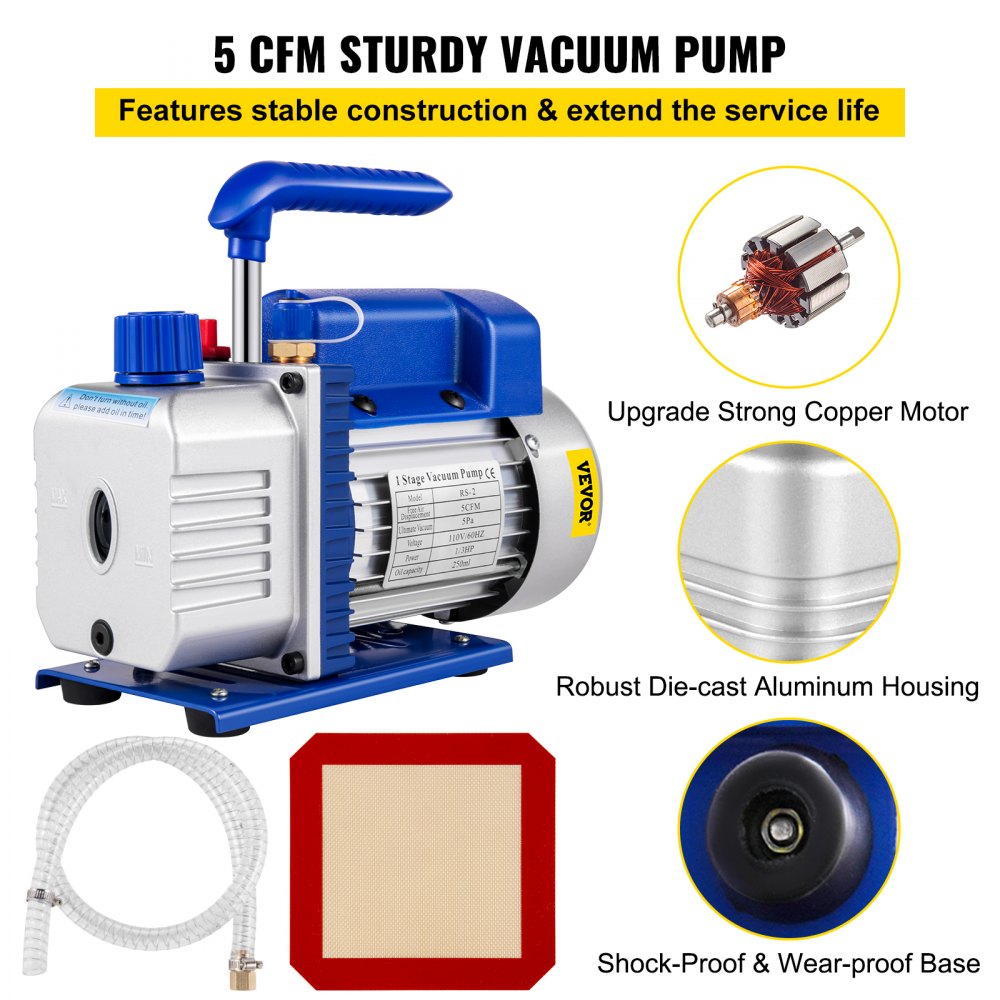 VEVOR Kit de cámara de desgasificación al vacío Cámara de desgasificación de 5 galones Kit de cámara de vacío de acero inoxidable con bomba de vacío de una sola etapa de 5 CFM 1/3HP