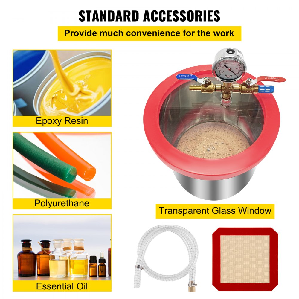 VEVOR Kit de cámara de desgasificación al vacío Cámara de desgasificación de 5 galones Kit de cámara de vacío de acero inoxidable con bomba de vacío de una sola etapa de 5 CFM 1/3HP