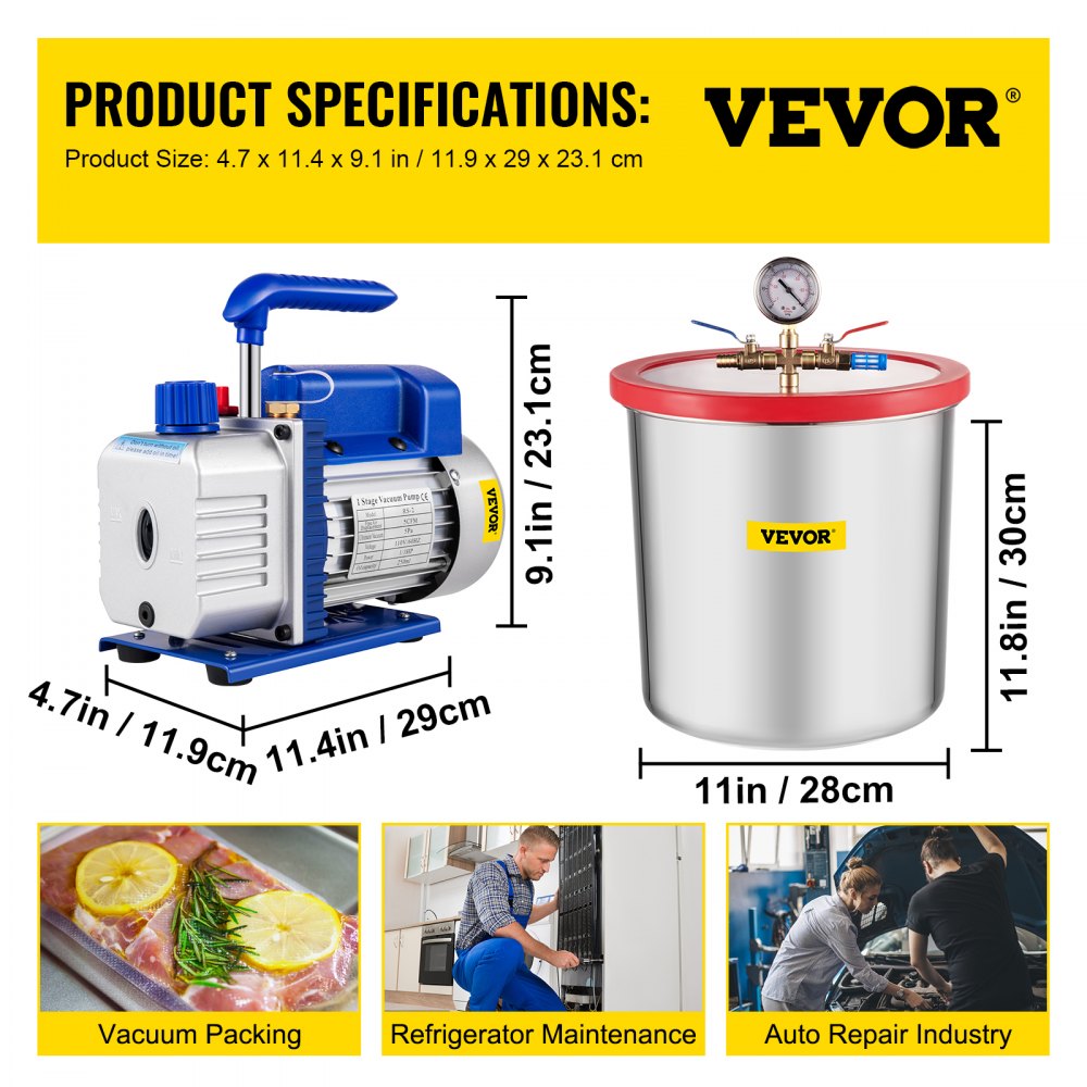 VEVOR Kit de cámara de desgasificación al vacío Cámara de desgasificación de 5 galones Kit de cámara de vacío de acero inoxidable con bomba de vacío de una sola etapa de 5 CFM 1/3HP