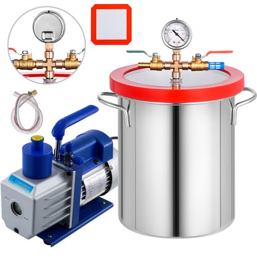 Cámara de vacío VEVOR con bomba, bomba de vacío 5CFM 1/3HP con cámara de vacío de alta capacidad de 3 galones, kit de cámara de bomba de vacío Kit de cámara de desgasificación al vacío para mantenimiento de automóviles