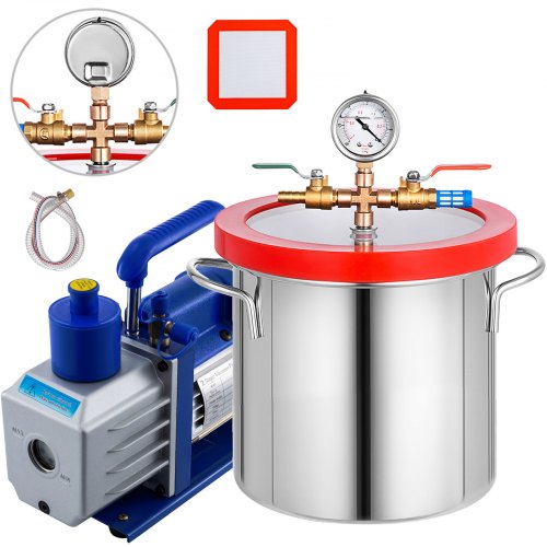 VEVOR 5CFM Vacuum Pump Stainless Steel Vacuum Pump HVAC 110V AC Vacuum Pump with 2 Gallon Vacuum Chamber (5CFM Vacuum Pump 1 Stage + 2 Gallon Vacuum Chamber)