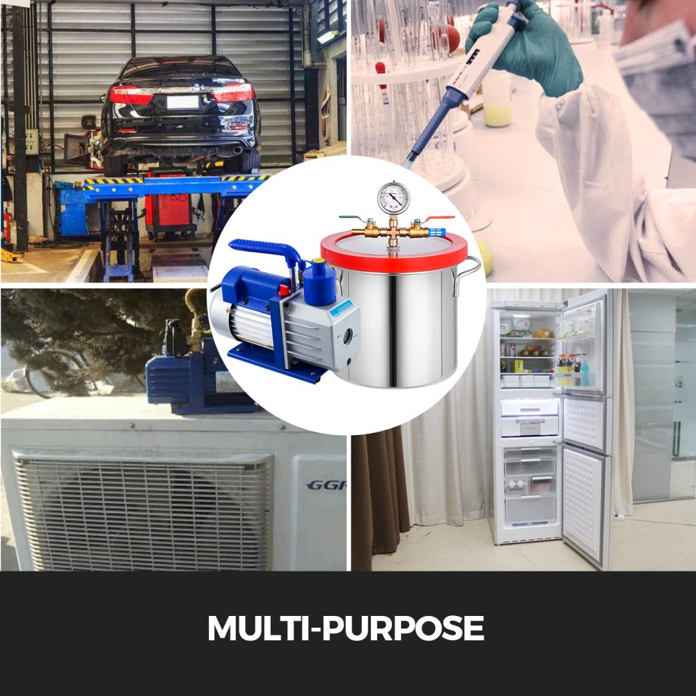 VEVOR 5CFM Vacuum Pump Stainless Steel Vacuum Pump HVAC 110V AC Vacuum Pump with 2 Gallon Vacuum Chamber (5CFM Vacuum Pump 1 Stage + 2 Gallon Vacuum Chamber)
