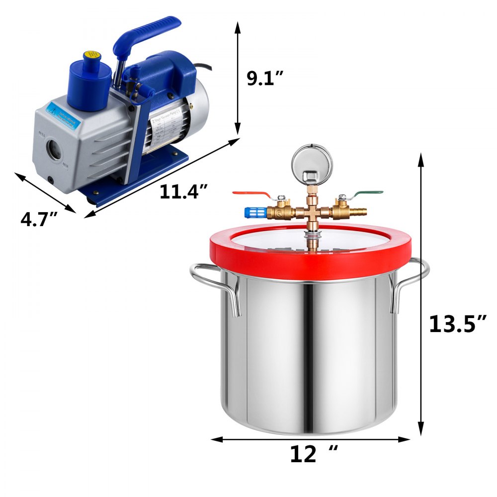 VEVOR 5CFM Vacuum Pump Stainless Steel Vacuum Pump HVAC 110V AC Vacuum Pump with 2 Gallon Vacuum Chamber (5CFM Vacuum Pump 1 Stage + 2 Gallon Vacuum Chamber)