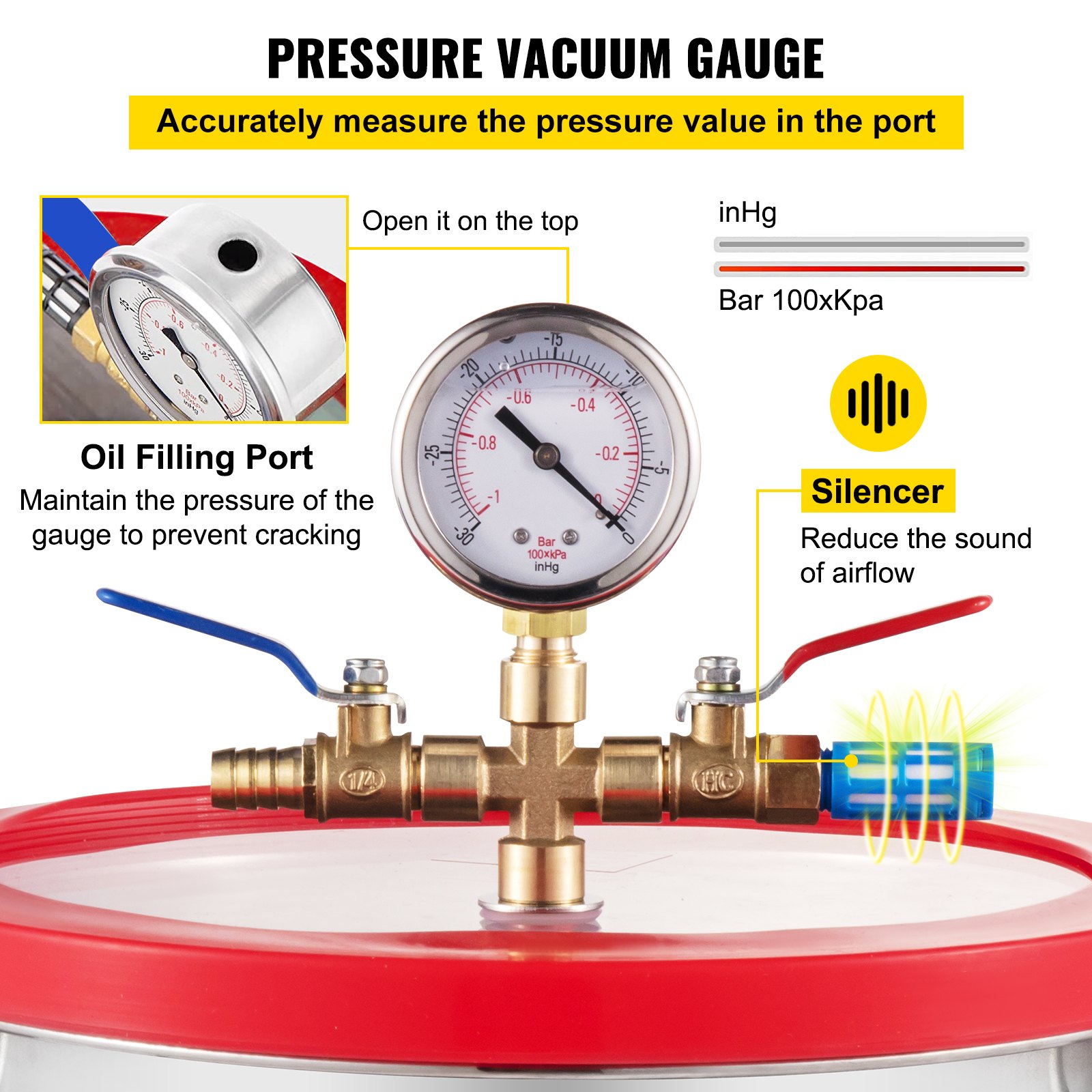 VEVOR vacuum chamber pressure gauge with oil filling port and silencer for airflow reduction.