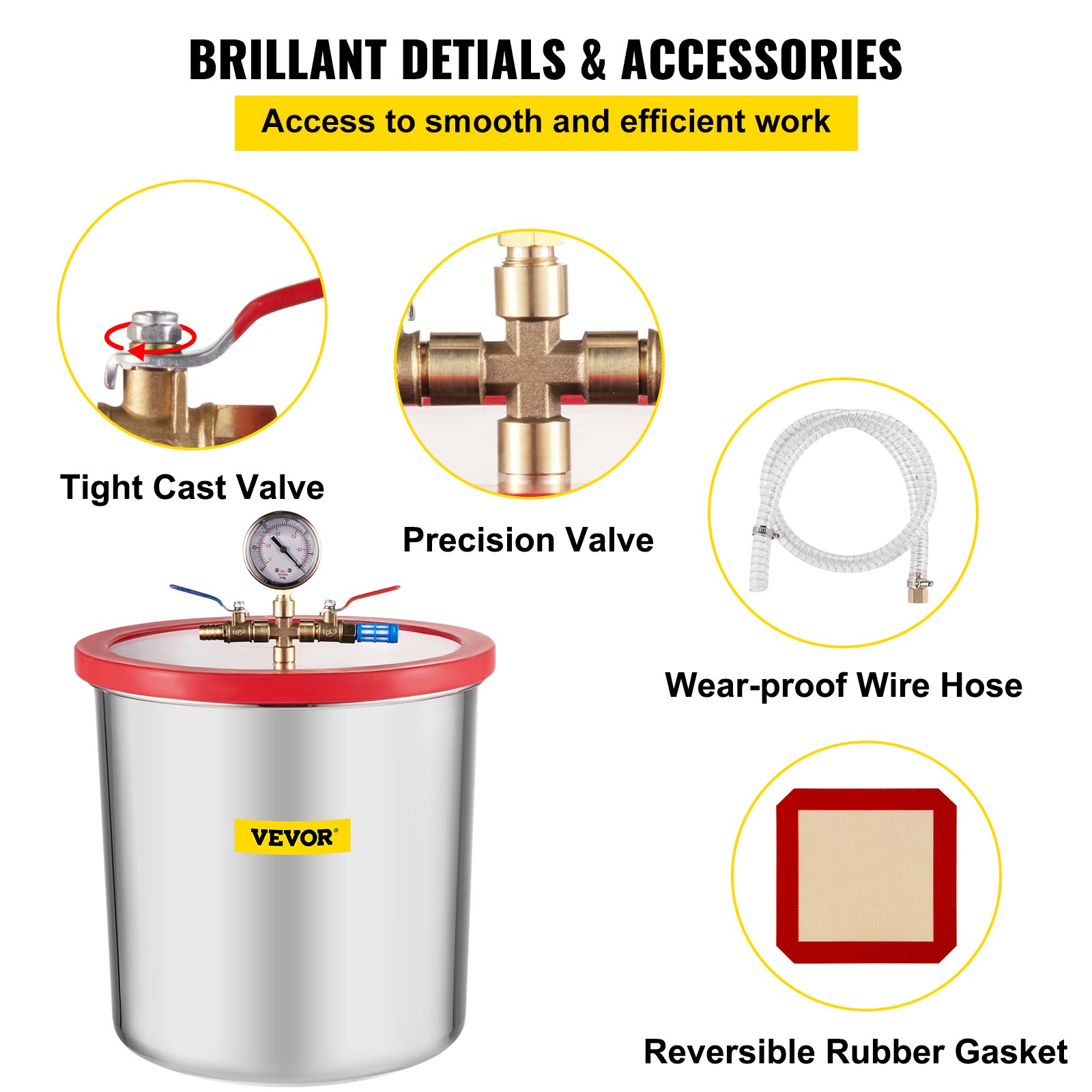 VEVOR vacuum chamber with valves, wear-proof hose, and reversible rubber gasket.