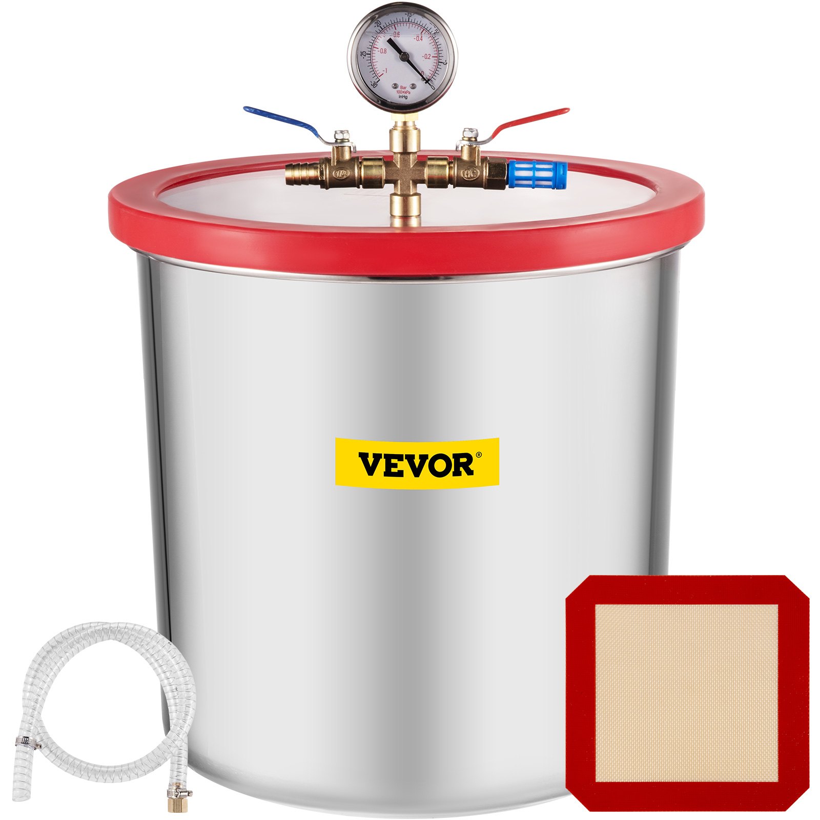 VEVOR vacuum chamber with gauge, hose, and mesh screen. red lid and silver body.