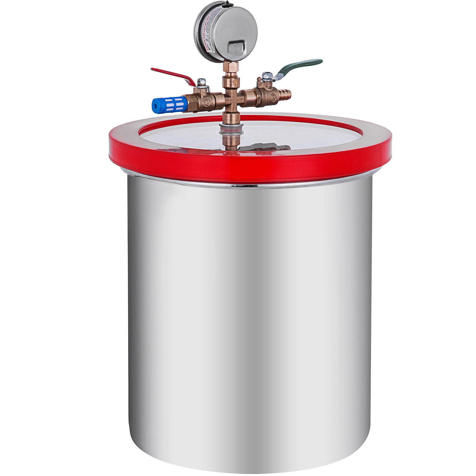 VEVOR vacuum chamber with gauge, red lid, and stainless steel container.