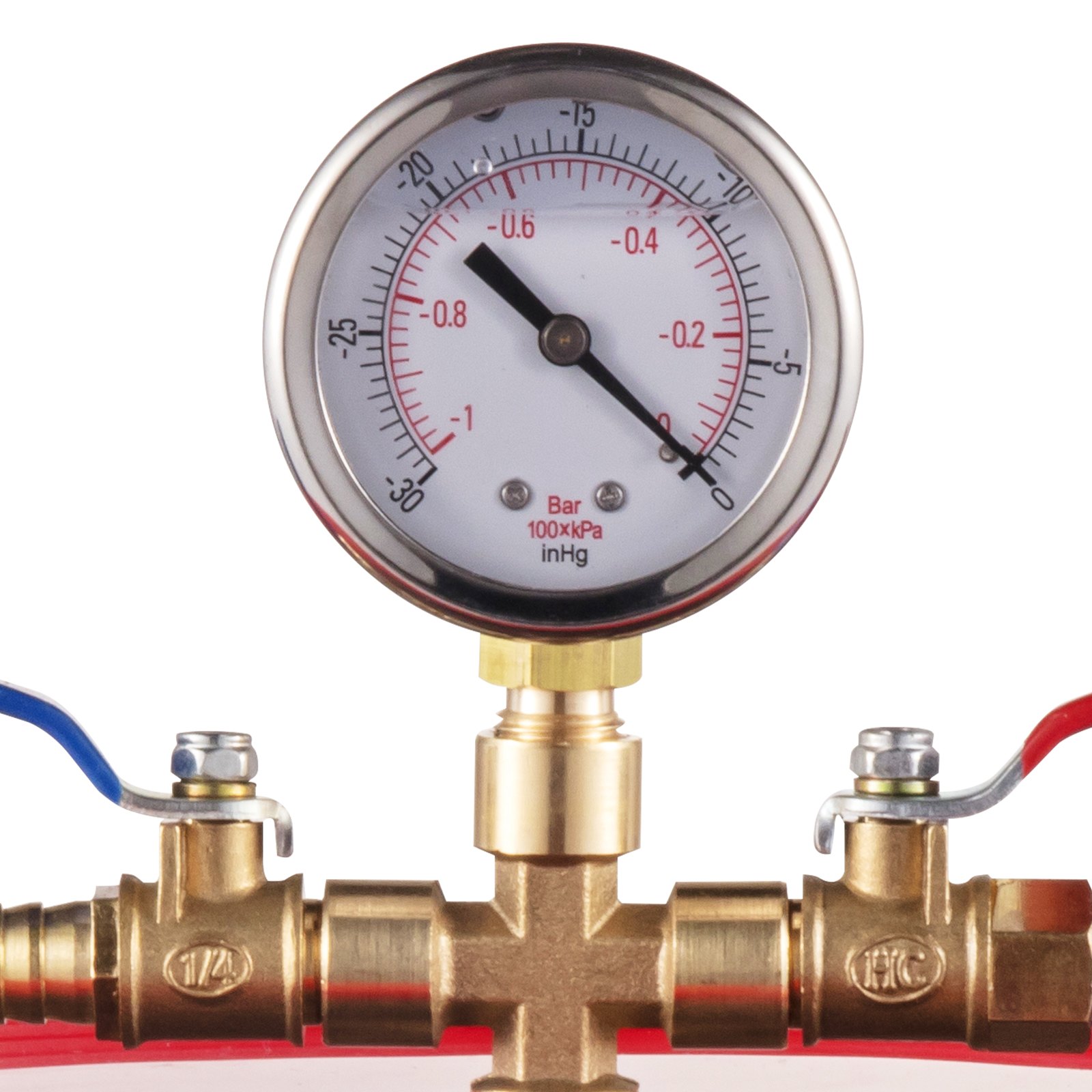 VEVOR vacuum chamber gauge with pressure readings and brass connectors.