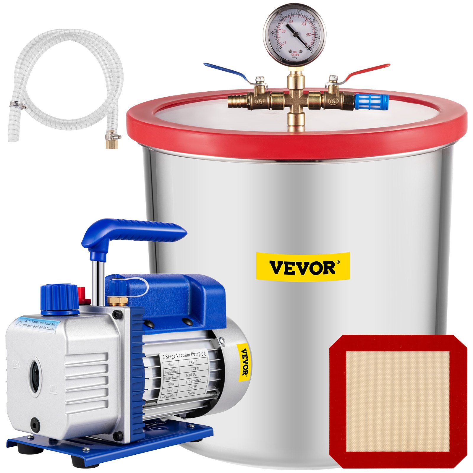 VEVOR Vacuum Pump 7 CFM 3/4HP Dual Stages Air Conditioning Vacuum Pump 2Stage With 5 Gallon Vacuum Chamber Ultimate Vacuum Manifold Gauge Set, Manifold Gauge and Hose for Air Conditioning Systems