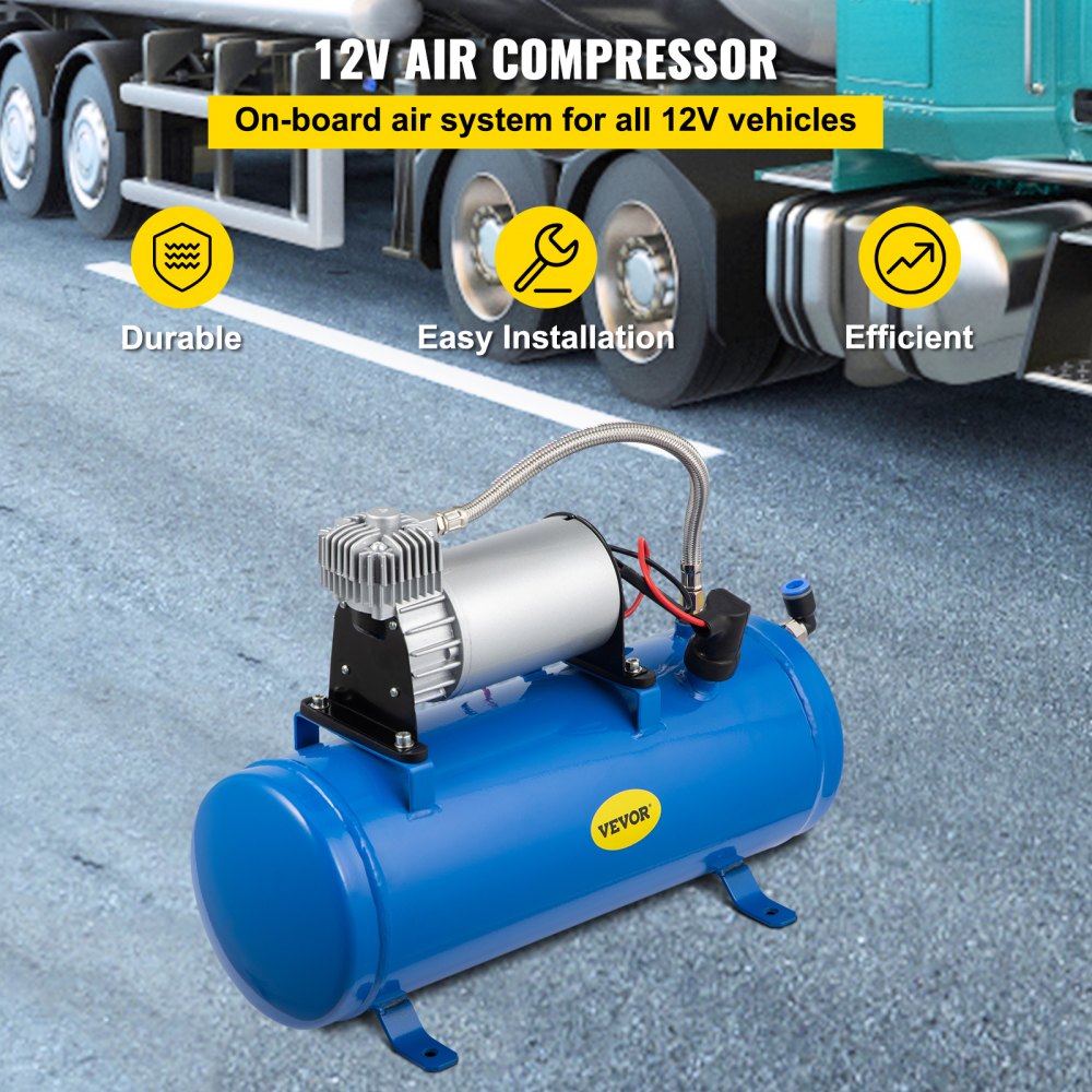 VEVOR 12V Train Horn Air Compressor with Tank 150psi Air Car Compressor Portable Tire Inflator with 6 Liter Tank 1.6 Gallon for Train Horns Motorhome
