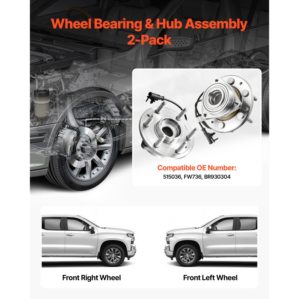VEVOR 2PCS Front Wheel Bearing & Hub Assembly Fit for Chevy Silverado 1500 4WD 2013 Express 1500 GMC Savana 1500 Base Standard Cargo Van OEM 515036, Wheel Bearing Hub Assembly Set with ABS Sensor