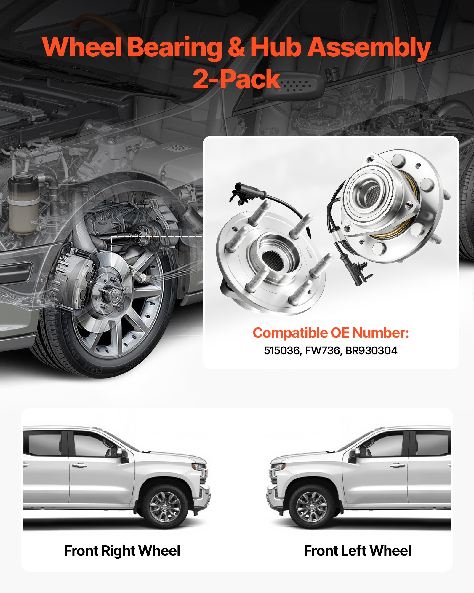 VEVOR 2PCS Front Wheel Bearing & Hub Assembly Fit for Chevy Silverado 1500 4WD 2013 Express 1500 GMC Savana 1500 Base Standard Cargo Van OEM 515036, Wheel Bearing Hub Assembly Set with ABS Sensor