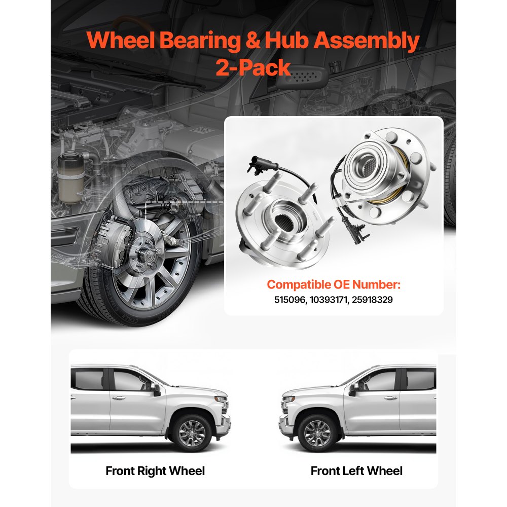 VEVOR 2PCS Front Wheel Bearing & Hub Assembly Fit for 2007-2013 Chevy Avalanche GMC Sierra 1500 Cadillac Escalade EXT 2007-2014 Tahoe OEM 515096, 6 Lugs with ABS Sensor, Wheel Bearing Hub Assembly Set