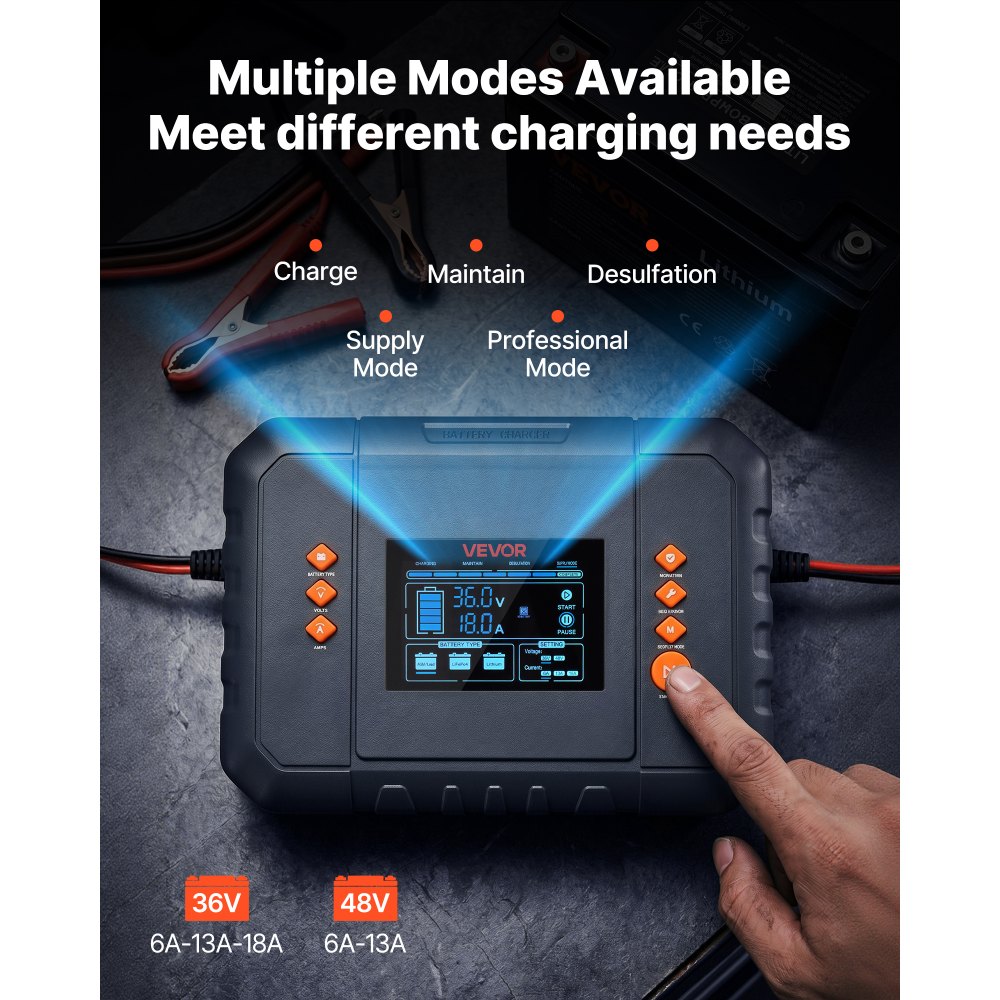 VEVOR Golf Cart Battery Charger 36V 18A and 48V 13A Smart Trickle Charger, for Lithium LiFePO4 Lead-Acid AGM/Gel/SLA Batteries, Plastic Shell, Multiple Protections, with LCD Display & Cooling Fan