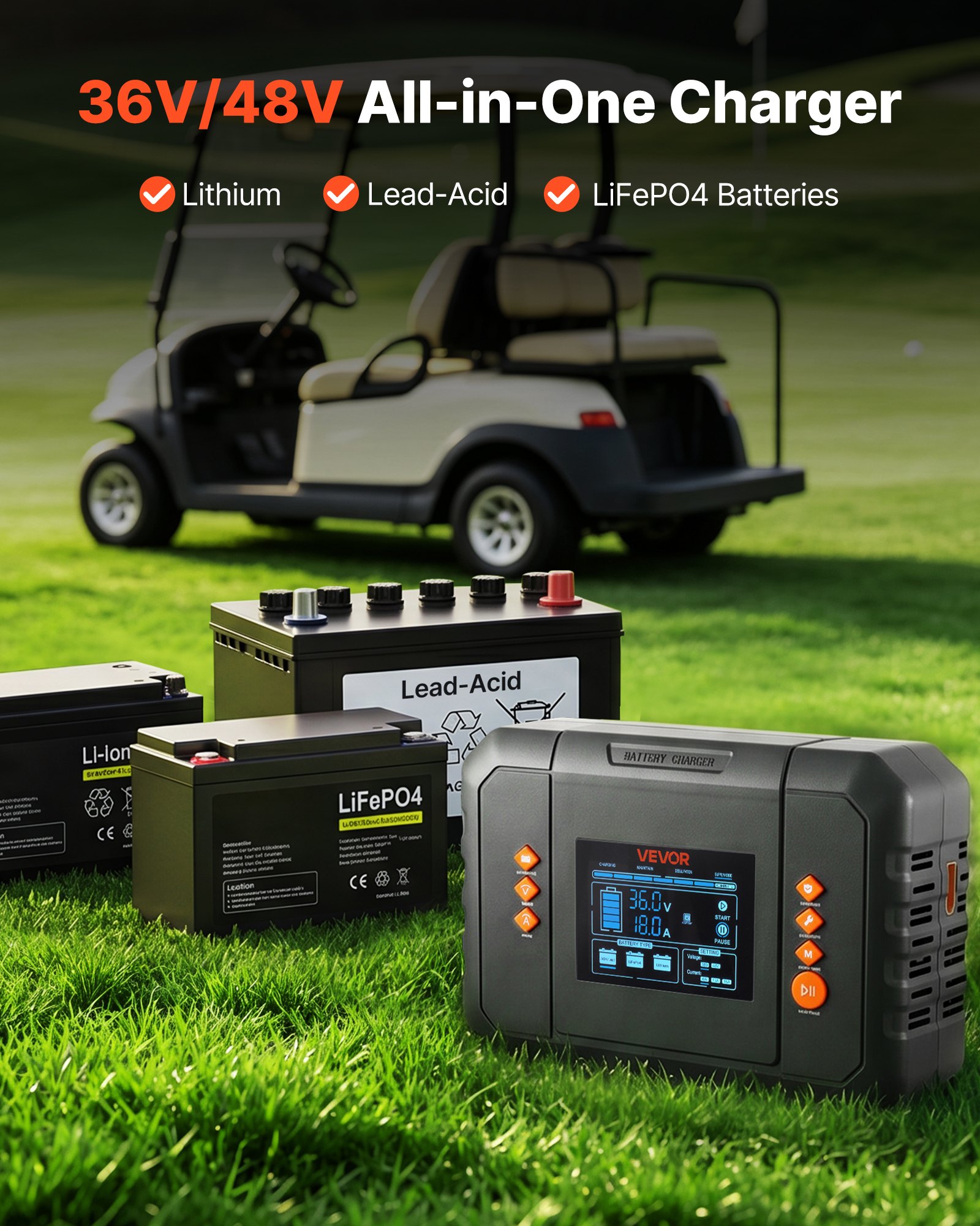 VEVOR Golf Cart Battery Charger 36V 18A and 48V 13A Smart Trickle Charger, for Lithium LiFePO4 Lead-Acid AGM/Gel/SLA Batteries, Plastic Shell, Multiple Protections, with LCD Display & Cooling Fan