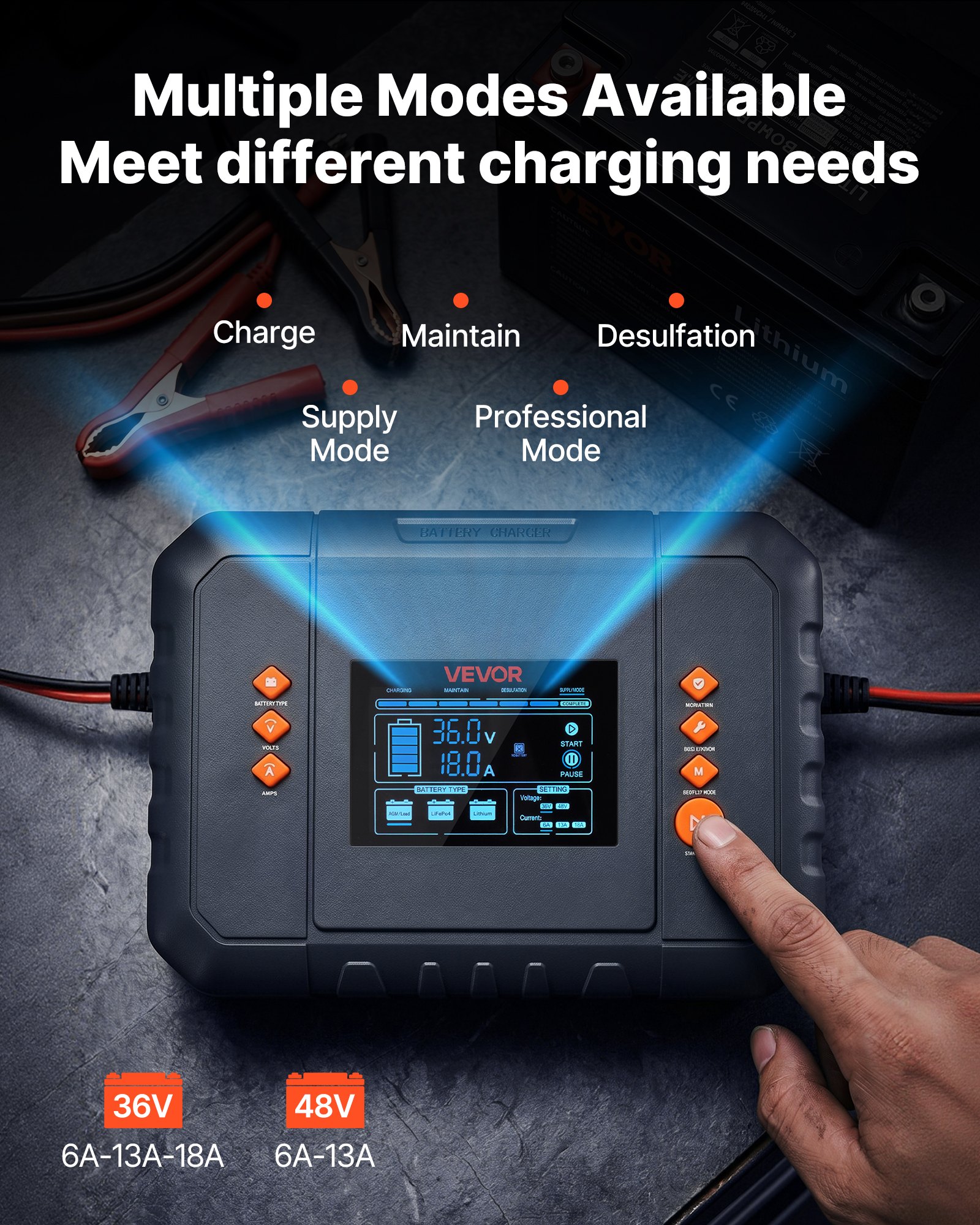 VEVOR Golf Cart Battery Charger 36V 18A and 48V 13A Smart Trickle Charger, for Lithium LiFePO4 Lead-Acid AGM/Gel/SLA Batteries, Plastic Shell, Multiple Protections, with LCD Display & Cooling Fan