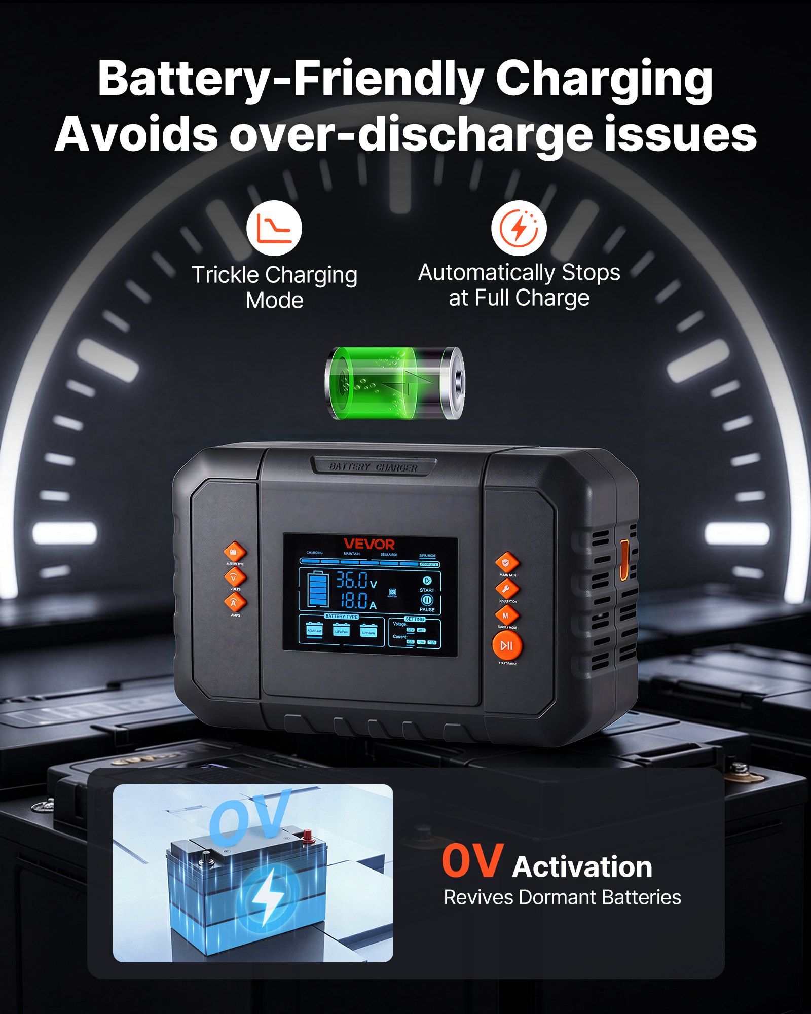 VEVOR Golf Cart Battery Charger 36V 18A and 48V 13A Smart Trickle Charger, for Lithium LiFePO4 Lead-Acid AGM/Gel/SLA Batteries, Plastic Shell, Multiple Protections, with LCD Display & Cooling Fan