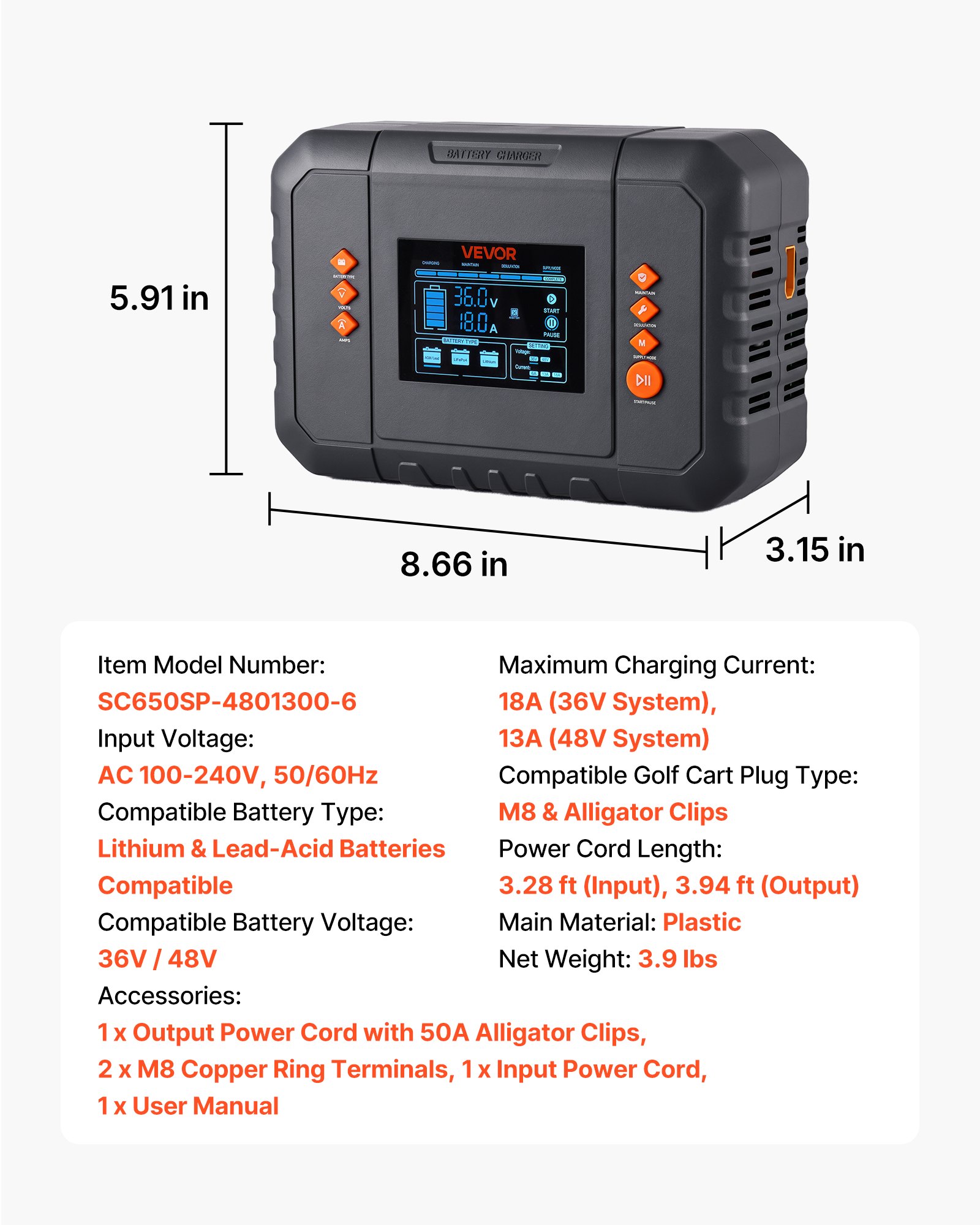 VEVOR Golf Cart Battery Charger 36V 18A and 48V 13A Smart Trickle Charger, for Lithium LiFePO4 Lead-Acid AGM/Gel/SLA Batteries, Plastic Shell, Multiple Protections, with LCD Display & Cooling Fan