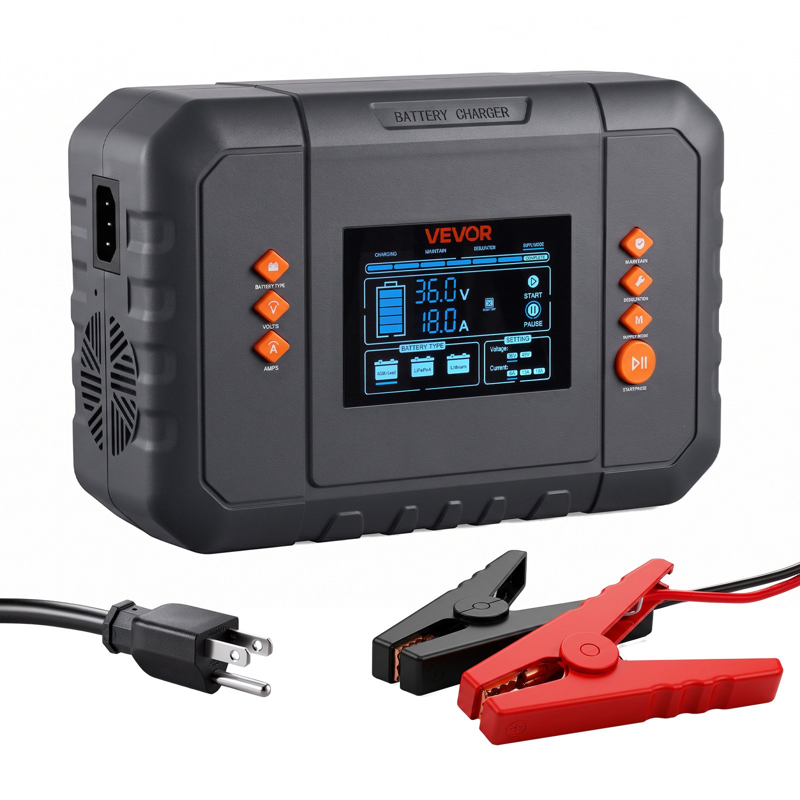 VEVOR Golf Cart Battery Charger 36V 18A and 48V 13A Smart Trickle Charger, for Lithium LiFePO4 Lead-Acid AGM/Gel/SLA Batteries, Plastic Shell, Multiple Protections, with LCD Display & Cooling Fan