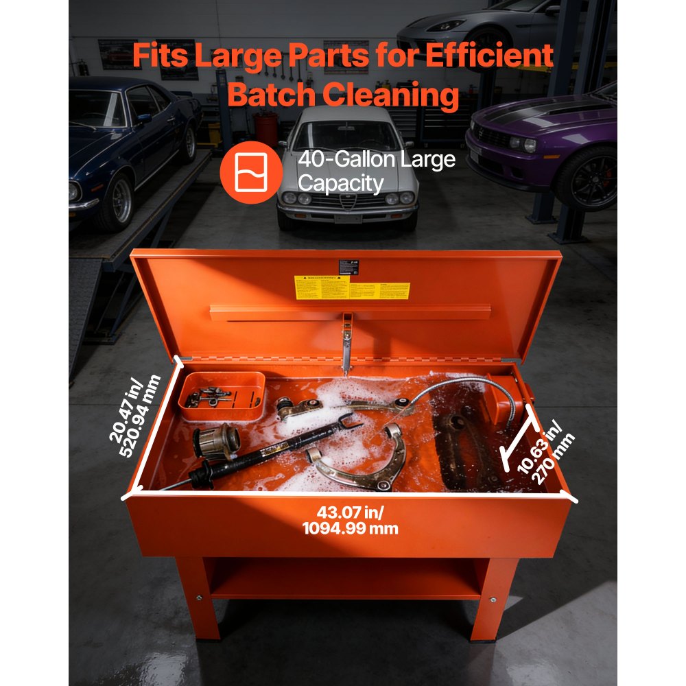 VEVOR Parts Washer 151L Tank, 65L Solvent Capacity, 3L per Minute Max Pump Output, Heavy Duty Steel Cabinet Electric Pump Automotive Parts Washer Cleaner for Wheel Bearings, Gears, and Carburetors