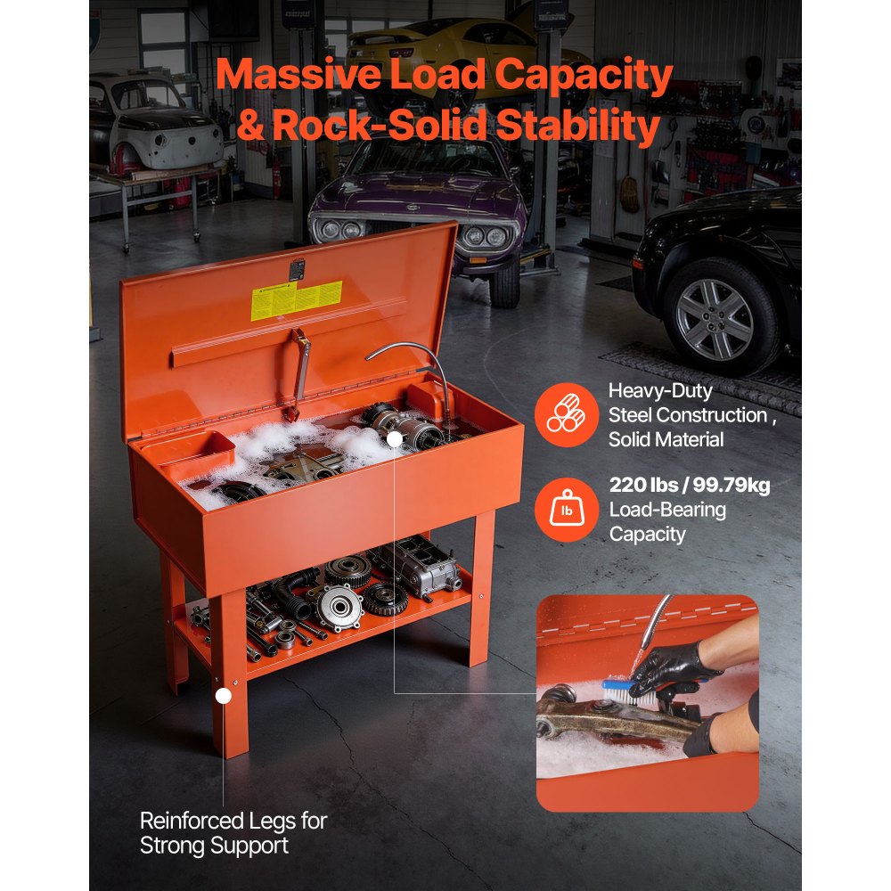 VEVOR Parts Washer 151L Tank, 65L Solvent Capacity, 3L per Minute Max Pump Output, Heavy Duty Steel Cabinet Electric Pump Automotive Parts Washer Cleaner for Wheel Bearings, Gears, and Carburetors