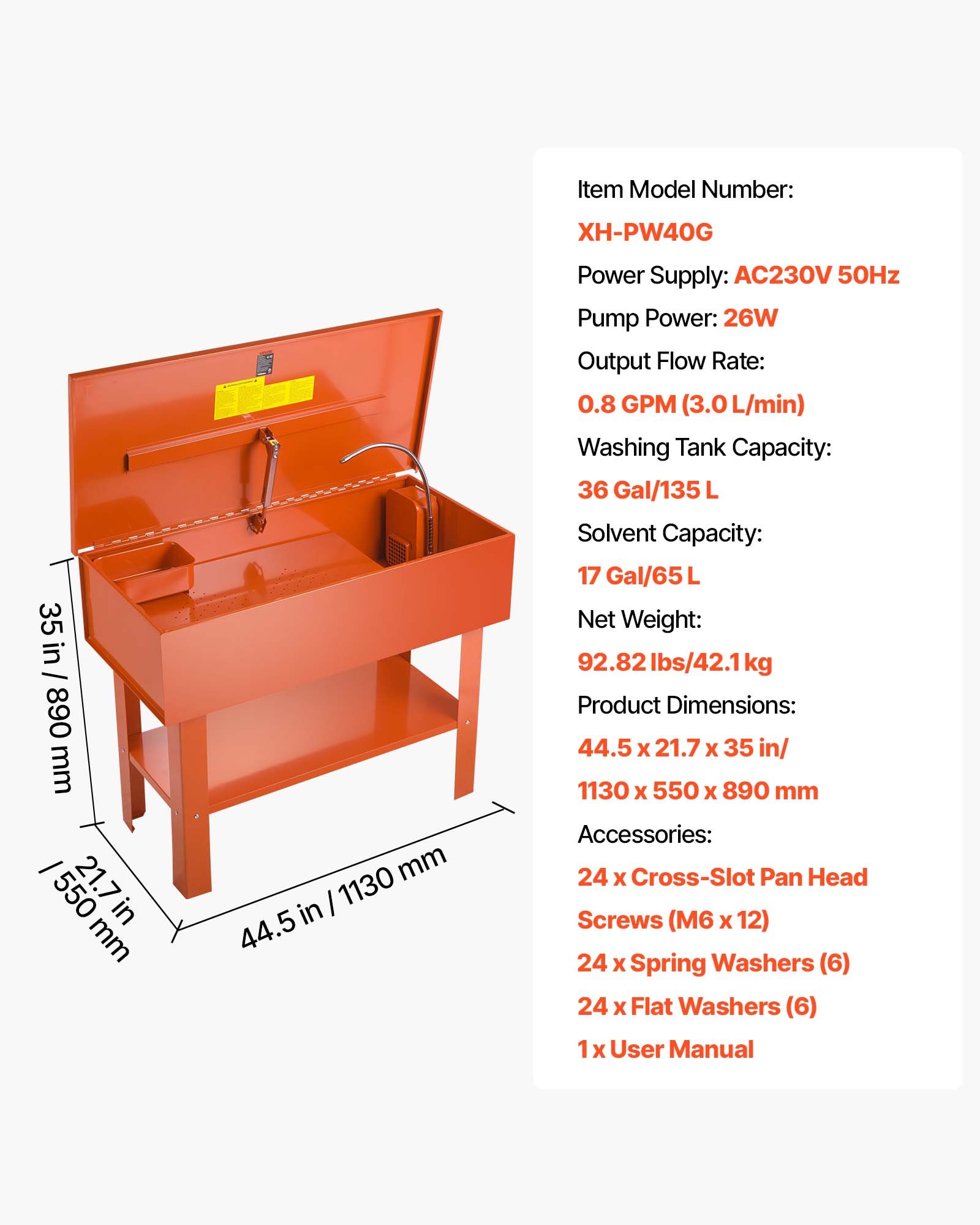 VEVOR Parts Washer 135L Tank, 65L Solvent Capacity, 3L per Minute Max Pump Output, Heavy Duty Steel Cabinet Electric Pump Automotive Parts Washer Cleaner for Wheel Bearings, Gears, and Carburetors