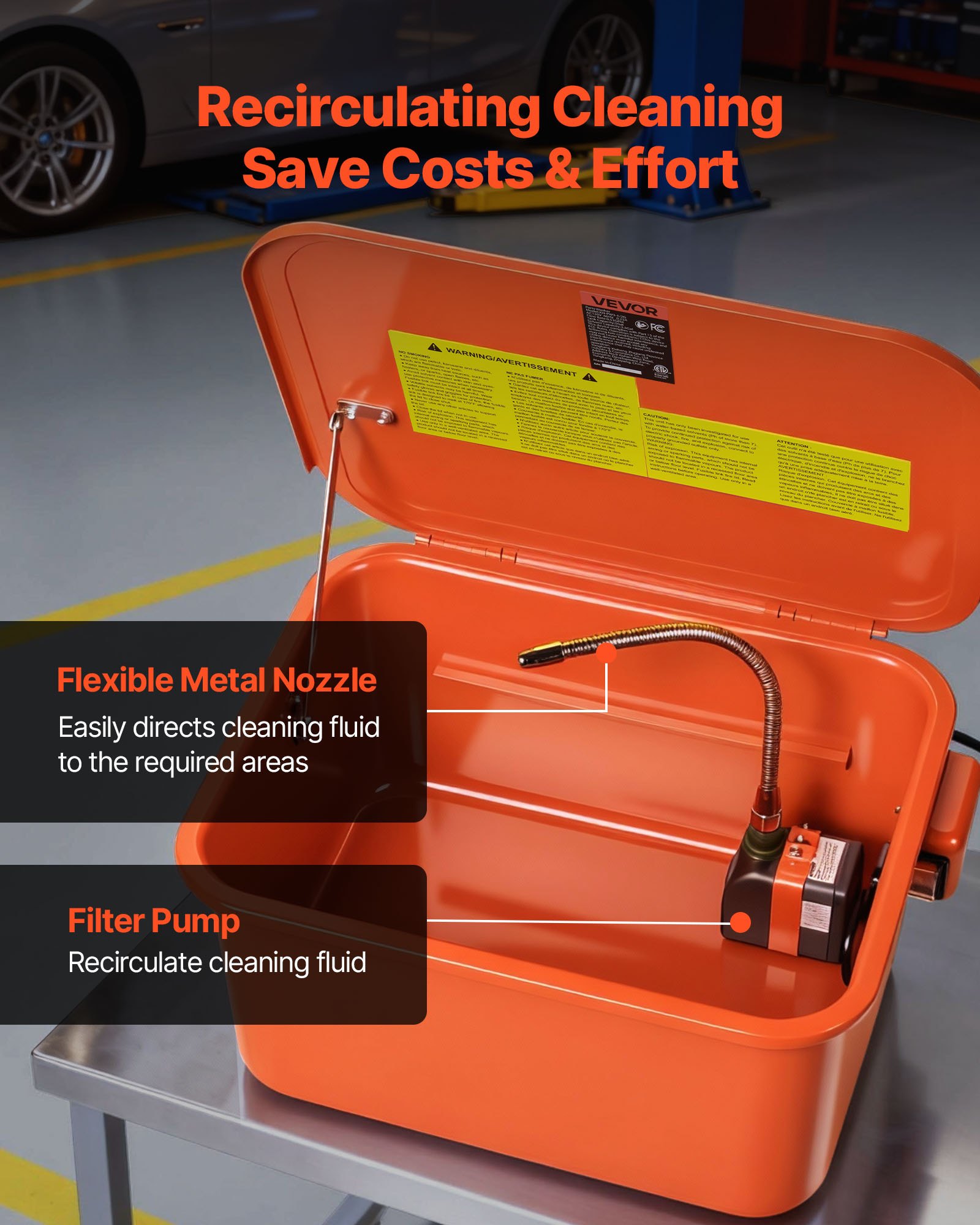 VEVOR Parts Washer, 19L Cleaning Tank, 13L Solvent Capacity, 1.5L per Minute Max Pump Output, Portable Steel Automotive Parts Cleaner with Electric Pump for Wheel Bearings, Gears, and Carburetors