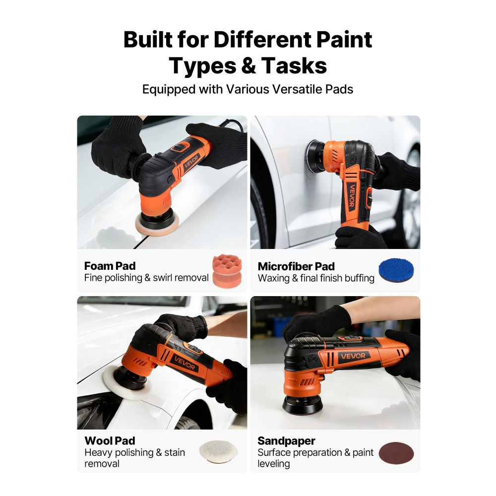 VEVOR Car Buffer Polisher, 30/50/76 mm Rotary Polisher Buffer, 600W 6 Variable Speeds 1000-4500RPM Car Polisher Waxer Kit for Cars Detailing, Waxing, Polishing, Scratch Removal