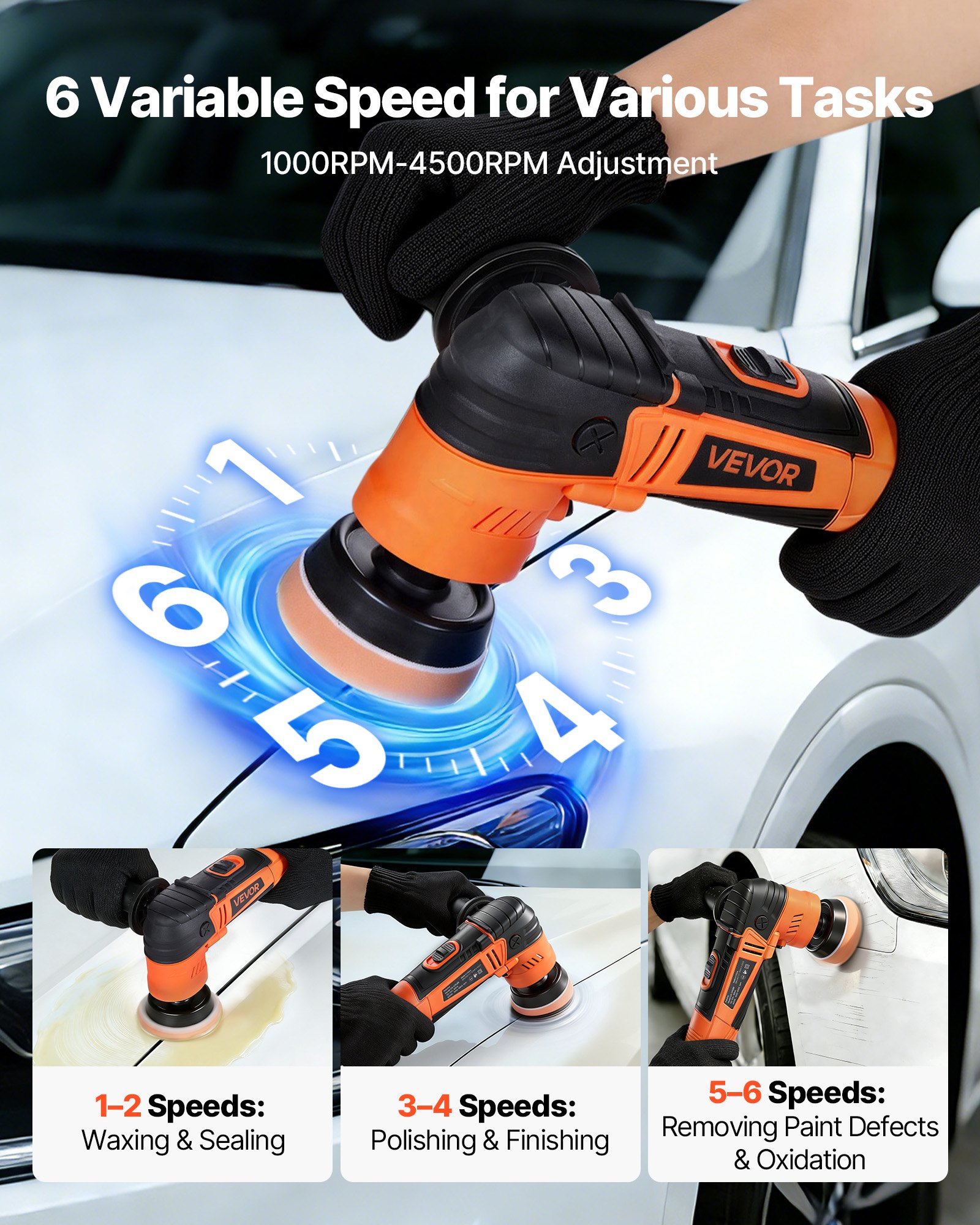 VEVOR Car Buffer Polisher, 30/50/76 mm Rotary Polisher Buffer, 600W 6 Variable Speeds 1000-4500RPM Car Polisher Waxer Kit for Cars Detailing, Waxing, Polishing, Scratch Removal