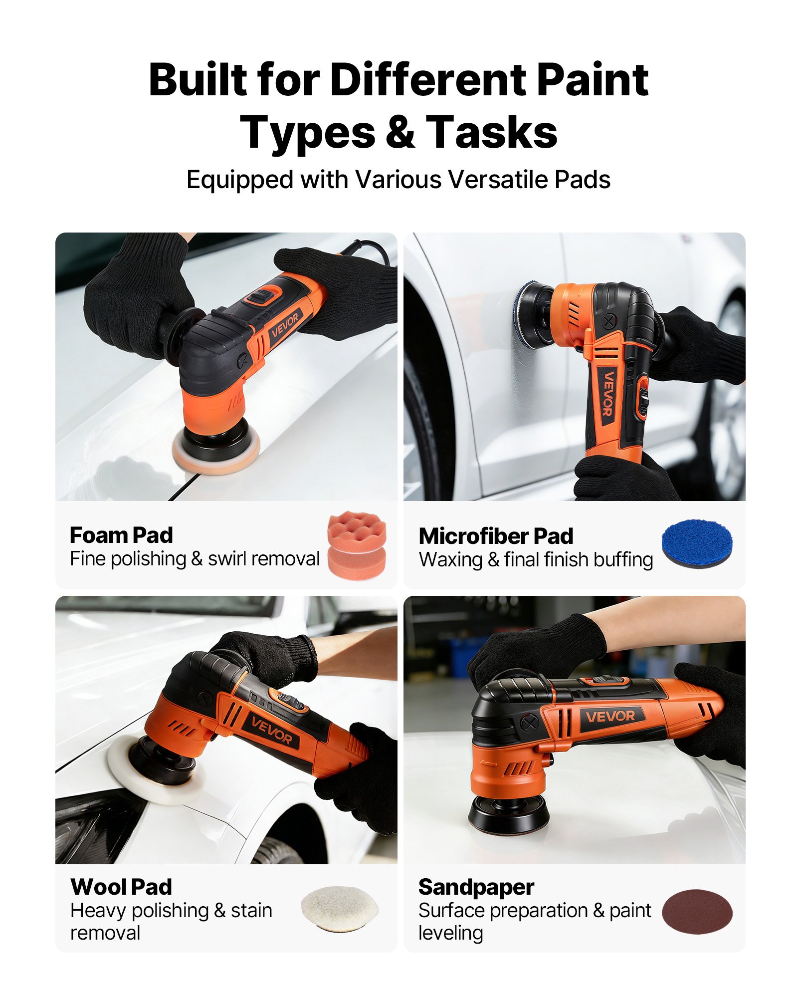 VEVOR Car Buffer Polisher, 30/50/76 mm Rotary Polisher Buffer, 600W 6 Variable Speeds 1000-4500RPM Car Polisher Waxer Kit for Cars Detailing, Waxing, Polishing, Scratch Removal