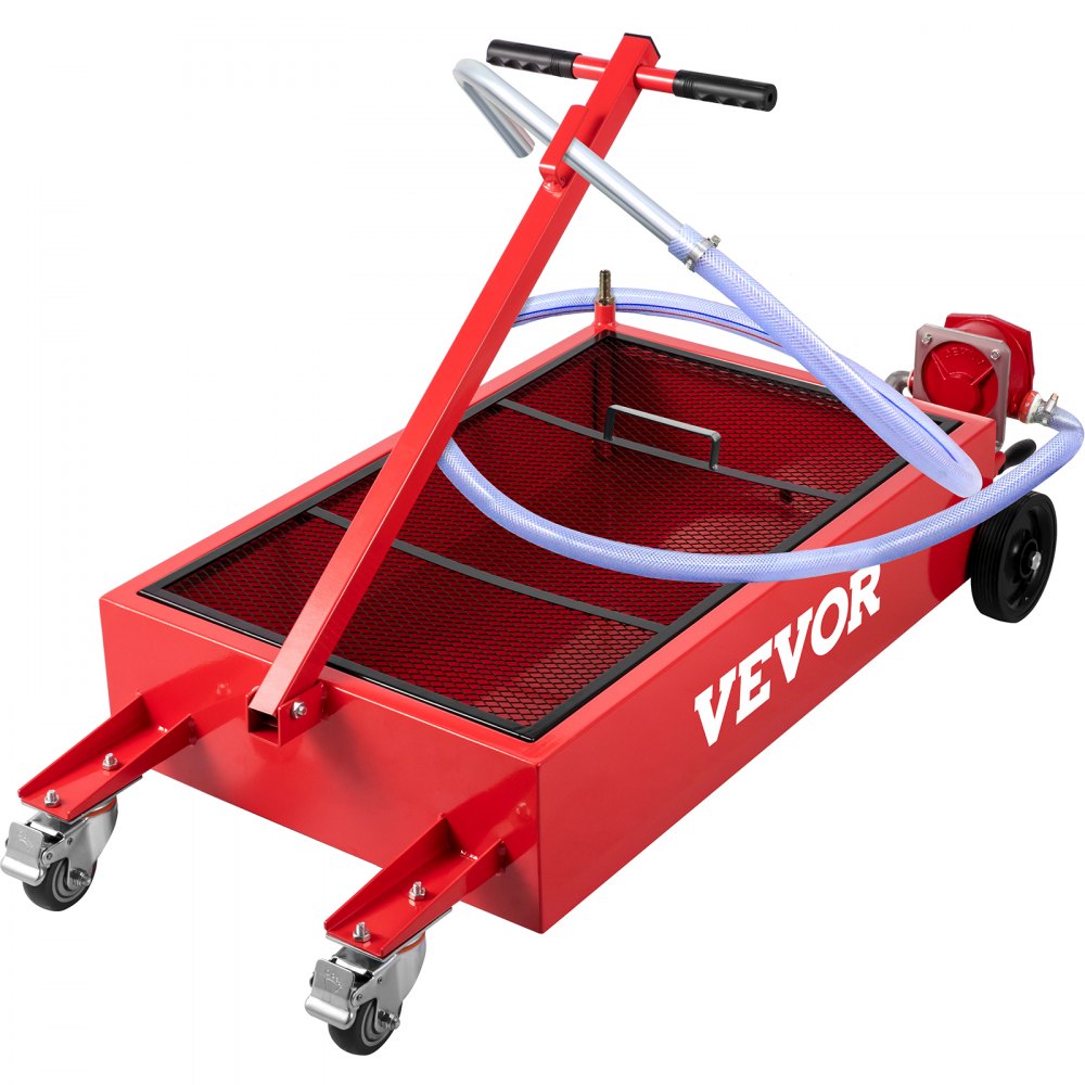 red VEVOR oil drain pan with wheels, handle, and blue drain hose.