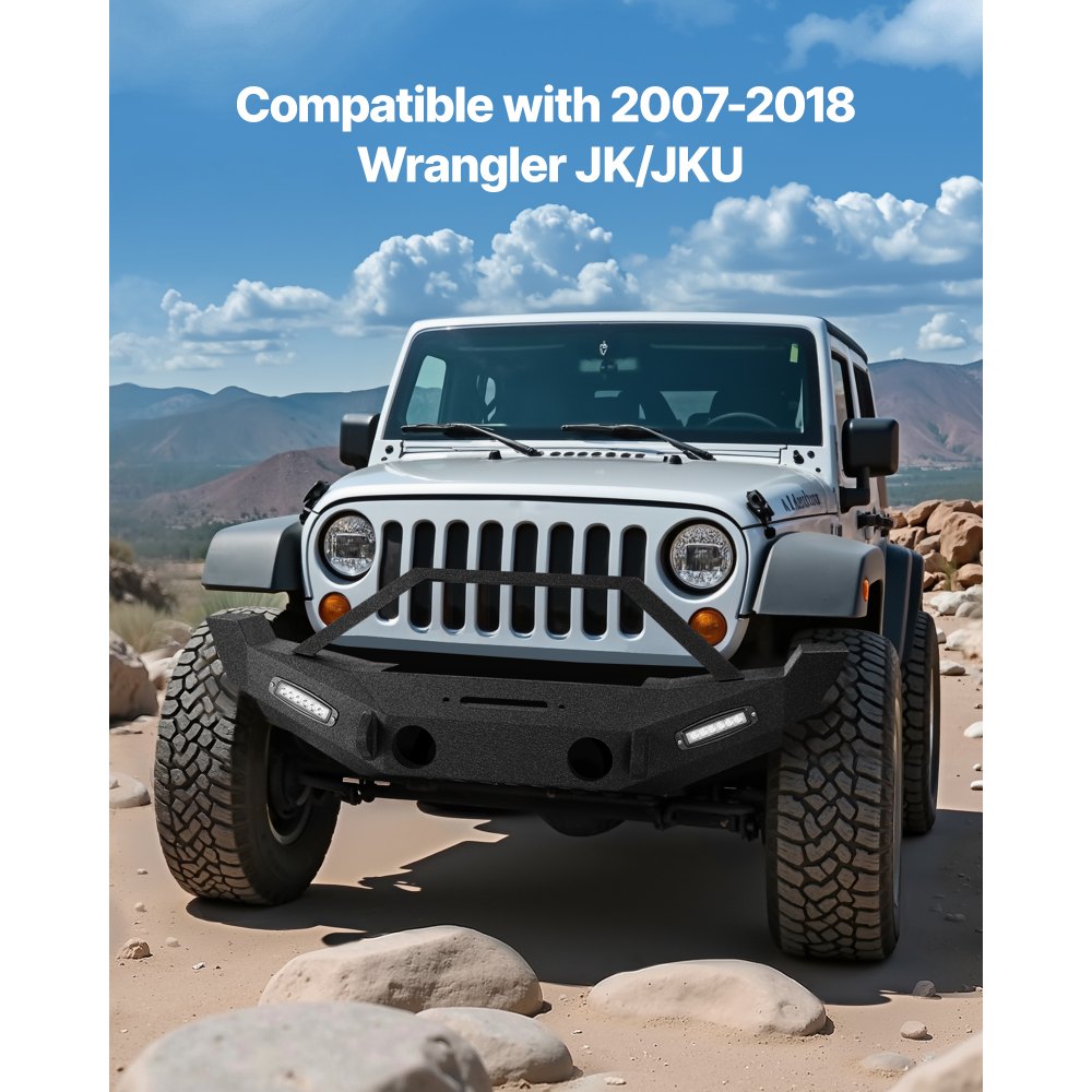 Parachoques delantero VEVOR compatible con Wrangler JK/JKU 2007-2018, parachoques delantero de acero resistente con 2 barras de luz LED, placa de cabrestante, carcasa de luz antiniebla y soportes de anillo en D.